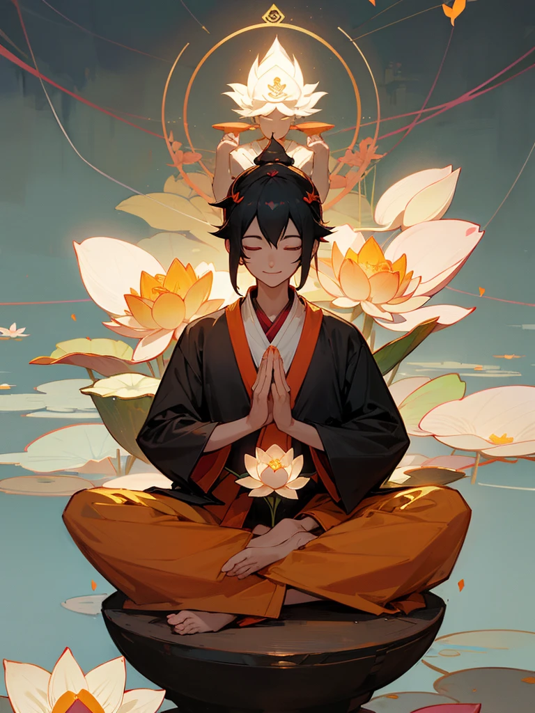 Amitabha Buddha Smile Lotus Flower Zen Meditation Prayer Black Hair Halo Pure Land Thin Eyes Lotus Position