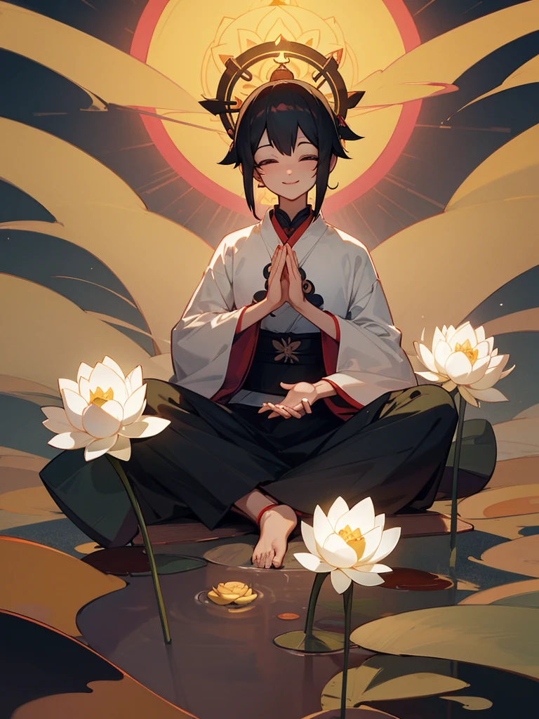 Amitabha Buddha Smile Lotus Flower Zen Meditation Prayer Black Hair Halo Pure Land Thin Eyes Lotus Position