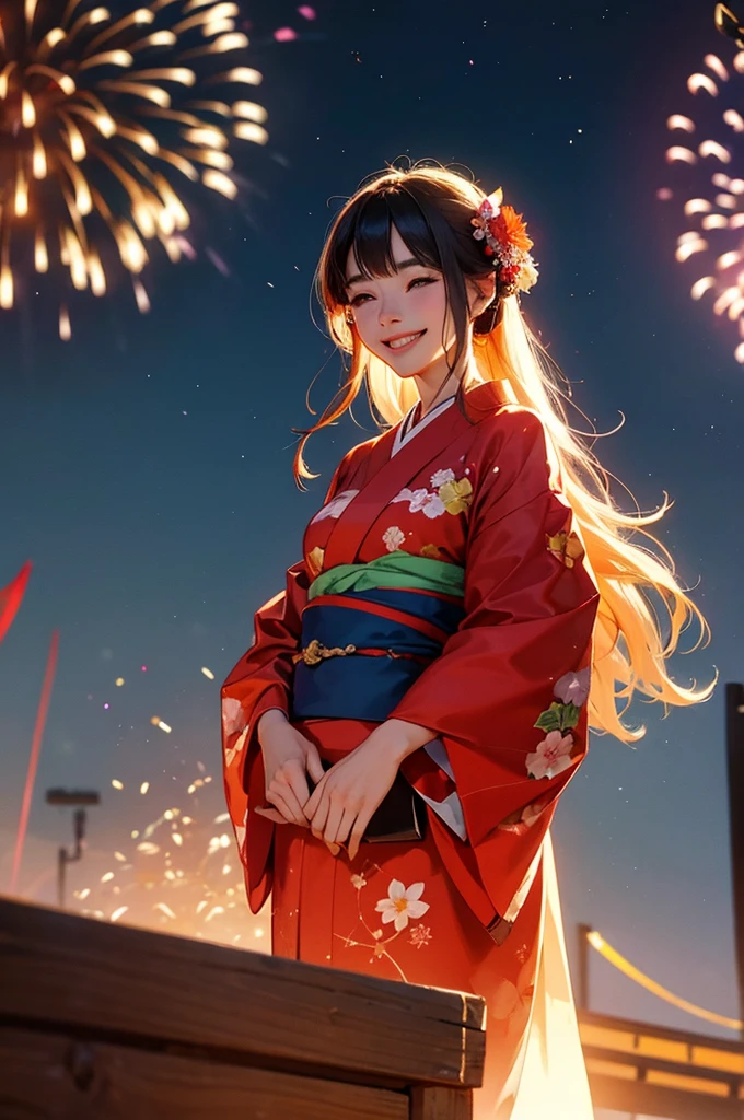 A beautiful smiling woman in a kimono with a large number of fireworks exploding in the night sky at a summer festival in the background