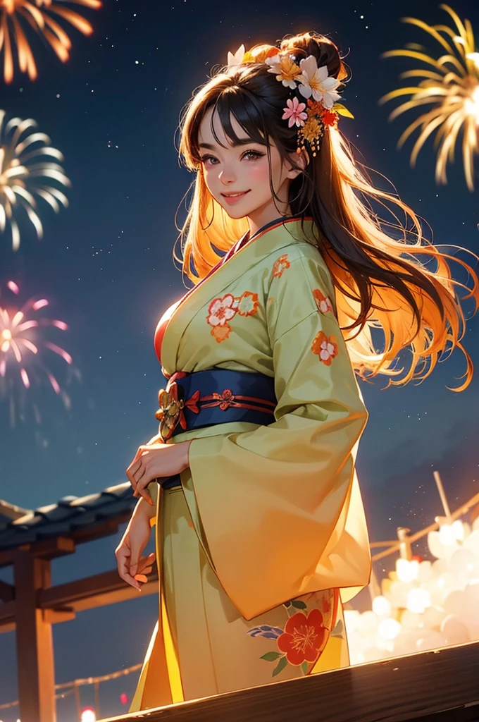A beautiful smiling woman in a kimono with a large number of fireworks exploding in the night sky at a summer festival in the background