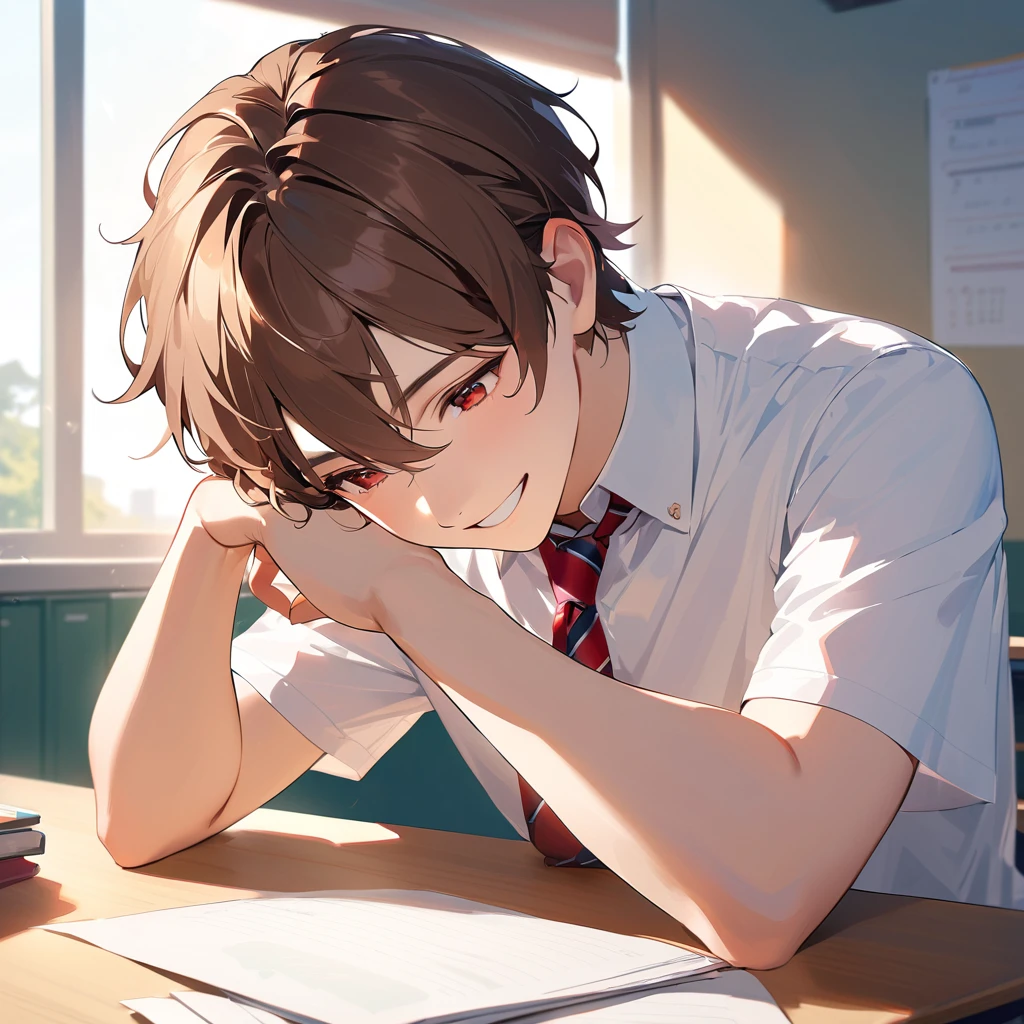 a man, age 18, with short brown hair, red eyes, wearing a white shirt, red striped tie, smiling, sitting on a desk in the classroom with his head down on the desk, holding a small piece of paper in his hand, pale skin, Half body, best quality, afternoon, look at screen.