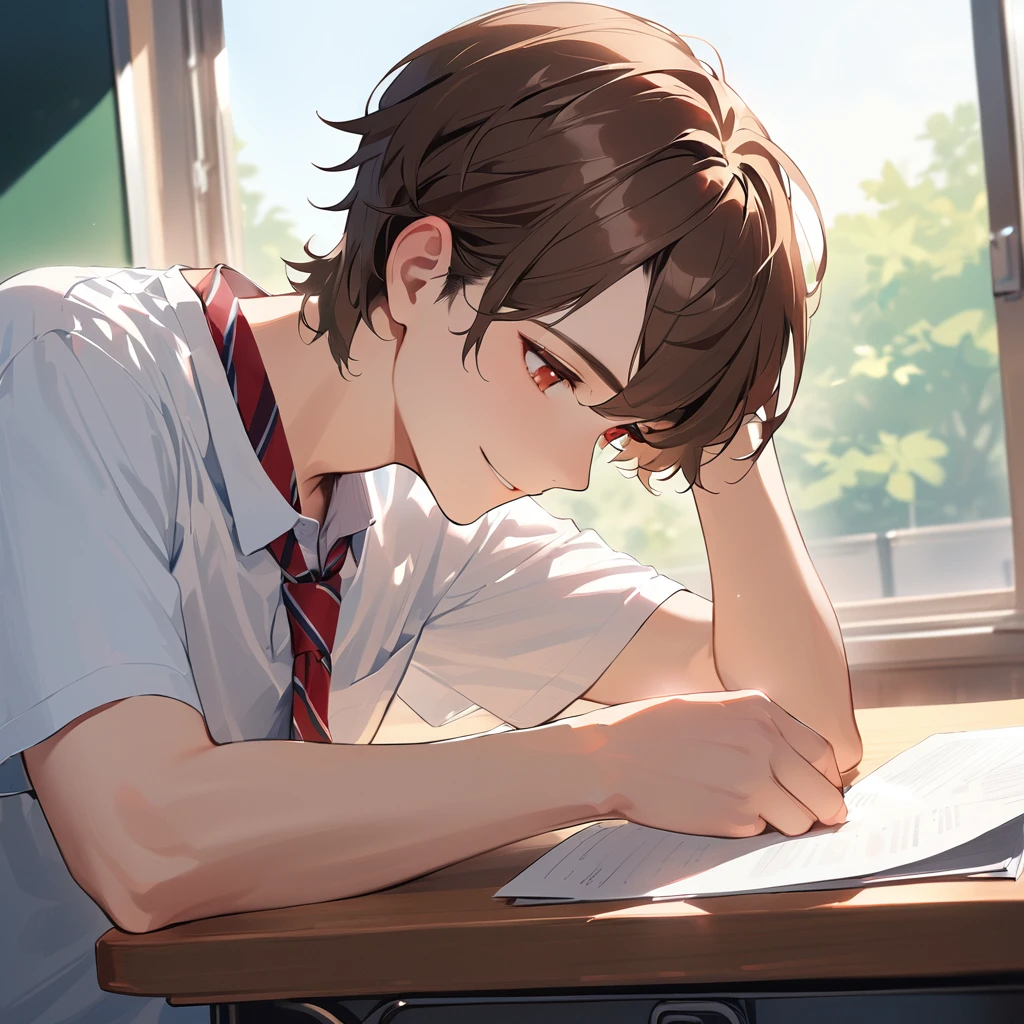 a man, age 18, with short brown hair, red eyes, wearing a white shirt, red striped tie, smiling, sitting on a desk in the classroom with his head down on the desk, holding a small piece of paper in his hand, pale skin, Half body, best quality, afternoon, look at screen. 