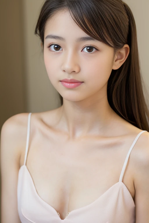 (Highest quality), (Beautiful Japanese girl), (Moisturized lips), Narrow eyes, double eyelid, Delicate clavicle, Flat Chest , I'Ashamed of my smallness, underdeveloped udder, smile, (Spotted sunlight: 1.2), Professional Lighting, (Petite figure), (Sunburned skin: 0.2), Full body photo, Full Body Focus, (Kneel)、A fine honor student、Slender body、(School Uniform)、boyish, Putting very short hair into a ponytail、Stylish white bedroom、Ribbon on chest、Sweep all your hair back、