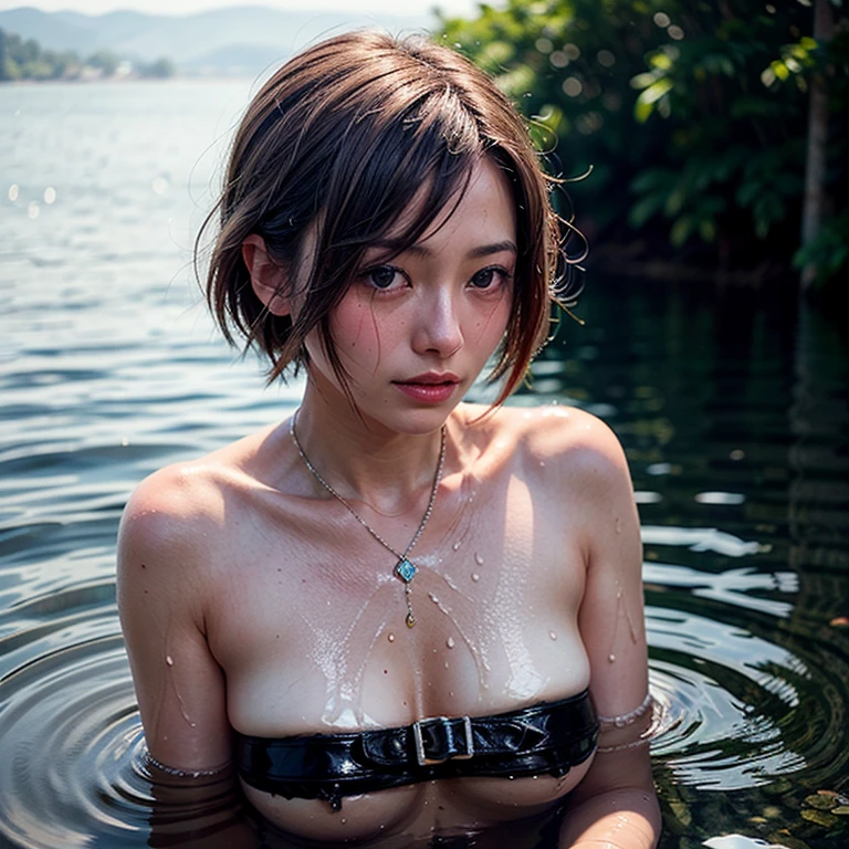 (((Misako Renbutsu)))Beautiful Young Female with Short hair in Lake, extremely delicate and beautiful,Outstanding light and shadow,Clear and bright sunlight, Professional portrait (Face Closeup from below), Semi-nude photography, close up portrait of bathing in a lake, reeds, ((backlighting)) Sparkling water surface with Reflection and Refraction, ((Soaked body in water)), (beltbra) Visible Upper breasts, {lens flare|Shade|bloom|[chromatic aberration]}, TopQuality Masterpiece of 8K Ultra-detailed DigitalPainting (by Jeremy Lipking)