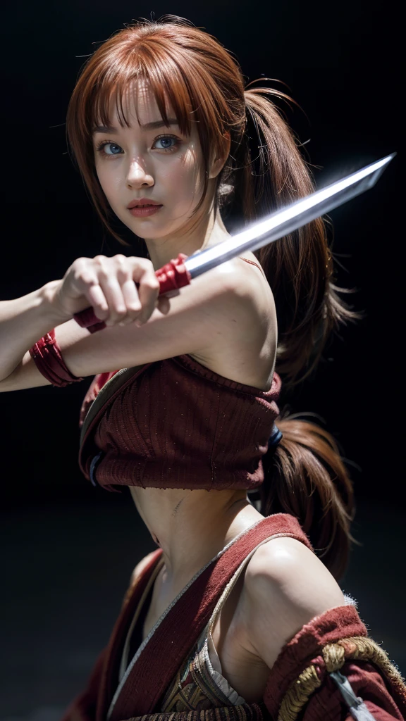 "Rurouni Kenshin",
Moment of enthusiasm, Bold,
Capturing the essence of her fiery determination and indomitable spirit, She explodes in rage, Strongly conveys the raw power of Kenshin's rage, Emphasizing the intensity of the scene, The woman is in a determined stance,
Action with a straight sword in hand,
Long hair, Ponytail, Red hair, ((Red eyes)), Bright red lipstick,
Katana, Holding a sword in hand,
Cross sign on left cheek,
High quality, Realistic,
20-year-old woman,
She wears a red kimono with an intricate pattern, Combined with a white hakama,
The lighting is realistic, (Masterpiece+Top quality+High resolution+Very detailed), (Full body:1.2),Symmetrical, One cut,