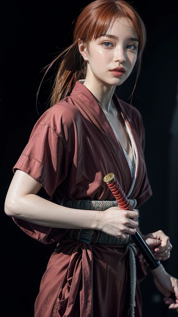 "Rurouni Kenshin",
Moment of enthusiasm, Bold,
Capturing the essence of her fiery determination and indomitable spirit, She explodes in rage, Strongly conveys the raw power of Kenshin's rage, Emphasizing the intensity of the scene, The woman is in a determined stance,
Action with a straight sword in hand,
Long hair, Ponytail, Red hair, ((Red eyes)), Bright red lipstick,
Katana, Holding a sword in hand,
Cross sign on left cheek,
High quality, Realistic,
20-year-old woman,
She wears a red kimono with an intricate pattern, Combined with a white hakama,
The lighting is realistic, (Masterpiece+Top quality+High resolution+Very detailed), (Full body:1.2),Symmetrical, One cut,