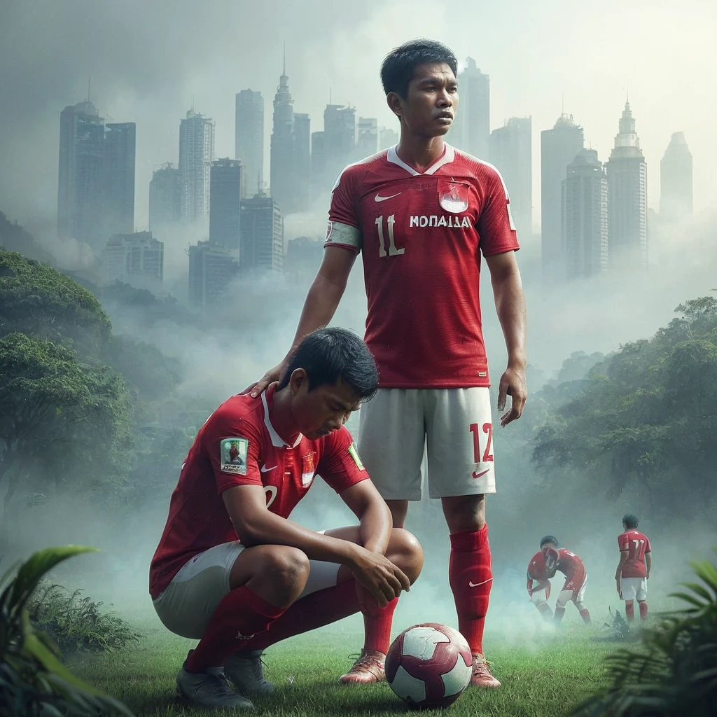 realistic football poster, photo of two Indonesian men wearing red Indonesian national team jerseys loading "INDONESIA" helping a friend who is sad, the feel of destroying the match with smoke leaking, full HD, dramatic