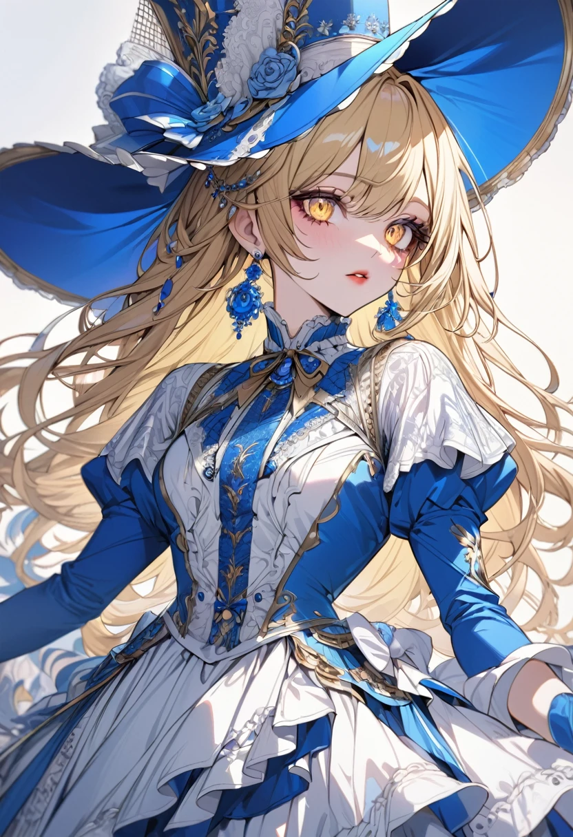anime girl, blonde hair, yellow eyes, blue elegant hat, blue and white victorian dress, ultra detailed eyes, Ultra detailed lips, ultra detailed, beautiful, , elegant, bright colors.