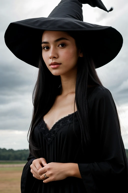 Black long hair, black long dress, the girl stands tall, Detailed beautiful face, Detailed fingers, overcast sky, a ray of light falls on a girl through the clouds, Witch hat on her head, a ray of sun illuminates a girl