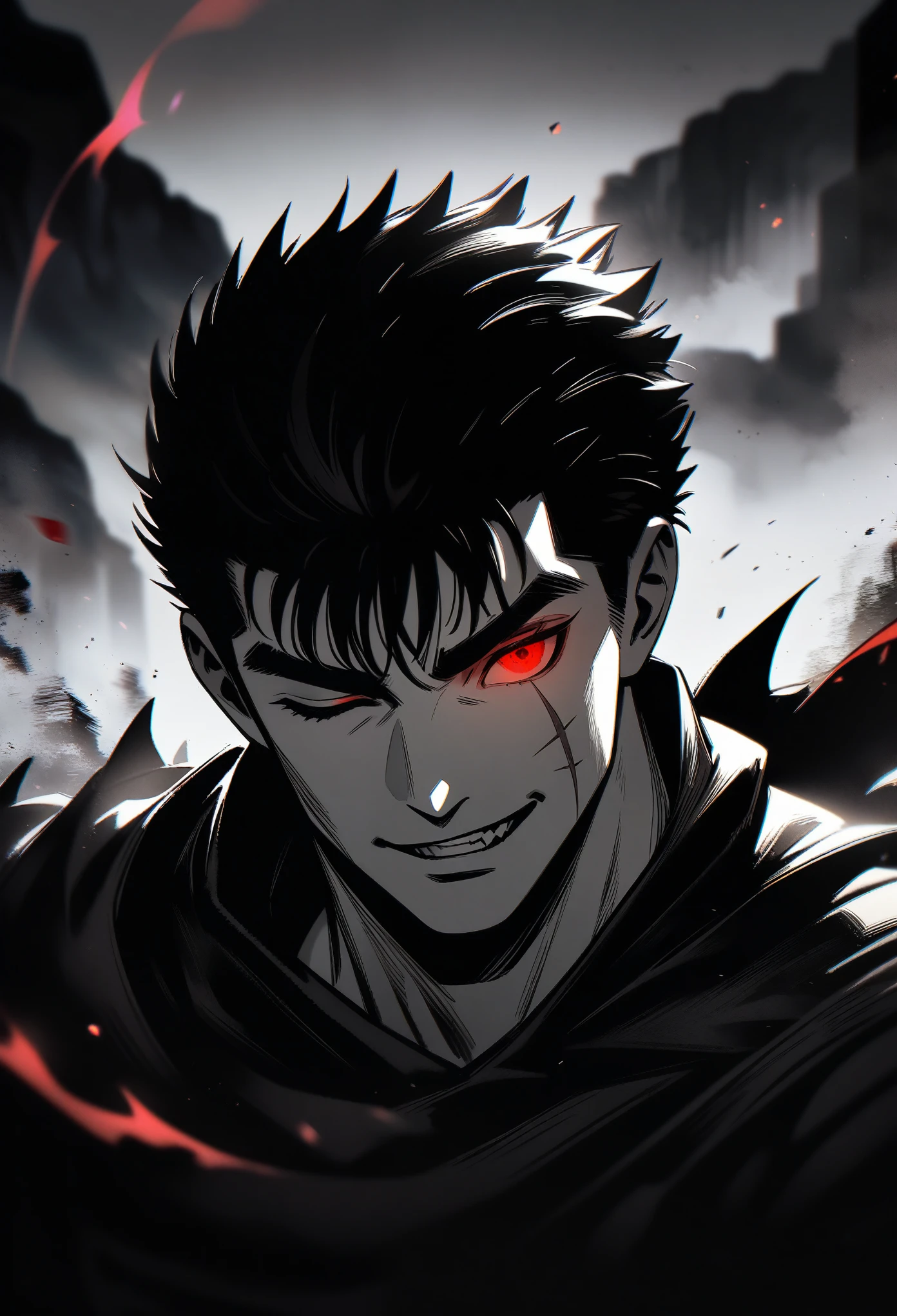 1boy, guts, berserk, close-up, evil smile, (one eye closed:1.2), scar on face, short hair, black hair, greyscale, glowing eye, red eye, dark aura, ((by kentaro miura, manga)), dark ambient, amazing background, masterpiece, best quality, very aesthetic, newest