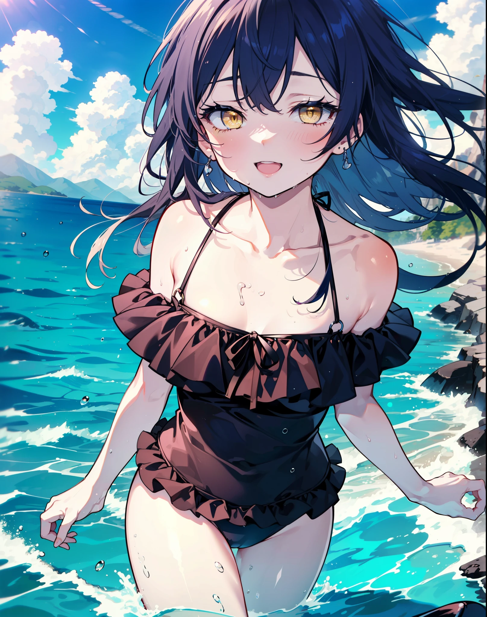 Umi Sonoda, Long Hair, Blue Hair, (Yellow Eyes:1.5) (Flat Chest:1.2),,happy smile, smile, Open your mouth,Black bikini swimsuit with frills,barefoot,Water Play,True Summer,Clear skies,Daytime,Wet swimsuit,Wet Skin,Wet Hair, break looking at viewer, whole body, (Cowboy Shot:1. 5) break outdoors,Beach, break (masterpiece:1.2), Highest quality, High resolution, unity 8k wallpaper, (shape:0.8), (Beautiful and beautiful eyes:1.6), Highly detailed face, Perfect lighting, Highly detailed CG, (Perfect hands, Perfect Anatomy),