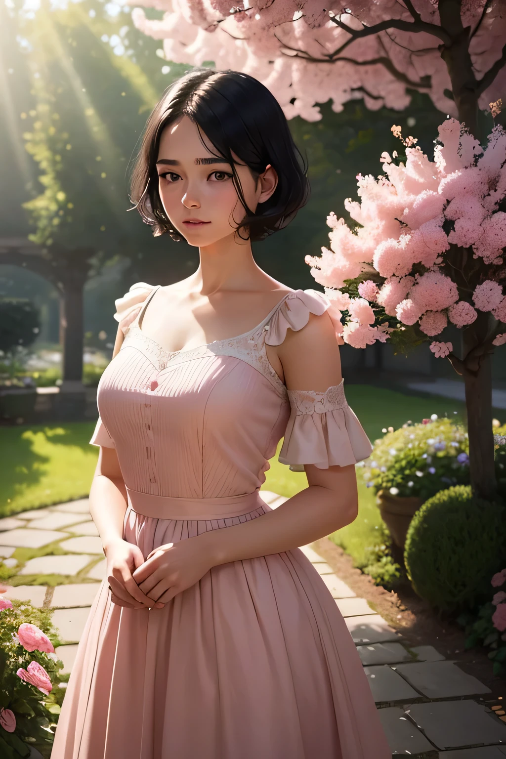 a beautiful European 18-year-old girl with short black hair,delicate facial features,long eyelashes,rosy cheeks,wearing a light pink evening dress,standing in a serene garden with blooming flowers,sunlight filtering through the trees,warm lighting,highly detailed,photorealistic,cinematic composition,intricate details,vibrant colors,dramatic lighting