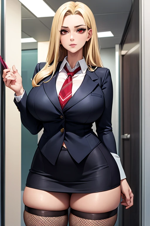 Super-detailed, 8k HD, Zeri, 1 girl, solo, mature, beautiful and detailed face, detailed hand, blond hair, red eye, slender hips, thick thighs, huge and droopy breast, huge round ass, black office suit and mini skirt, long cravat , fishnet thigh high stocking, expressionless, holding office documents, standing in the hallway waiting