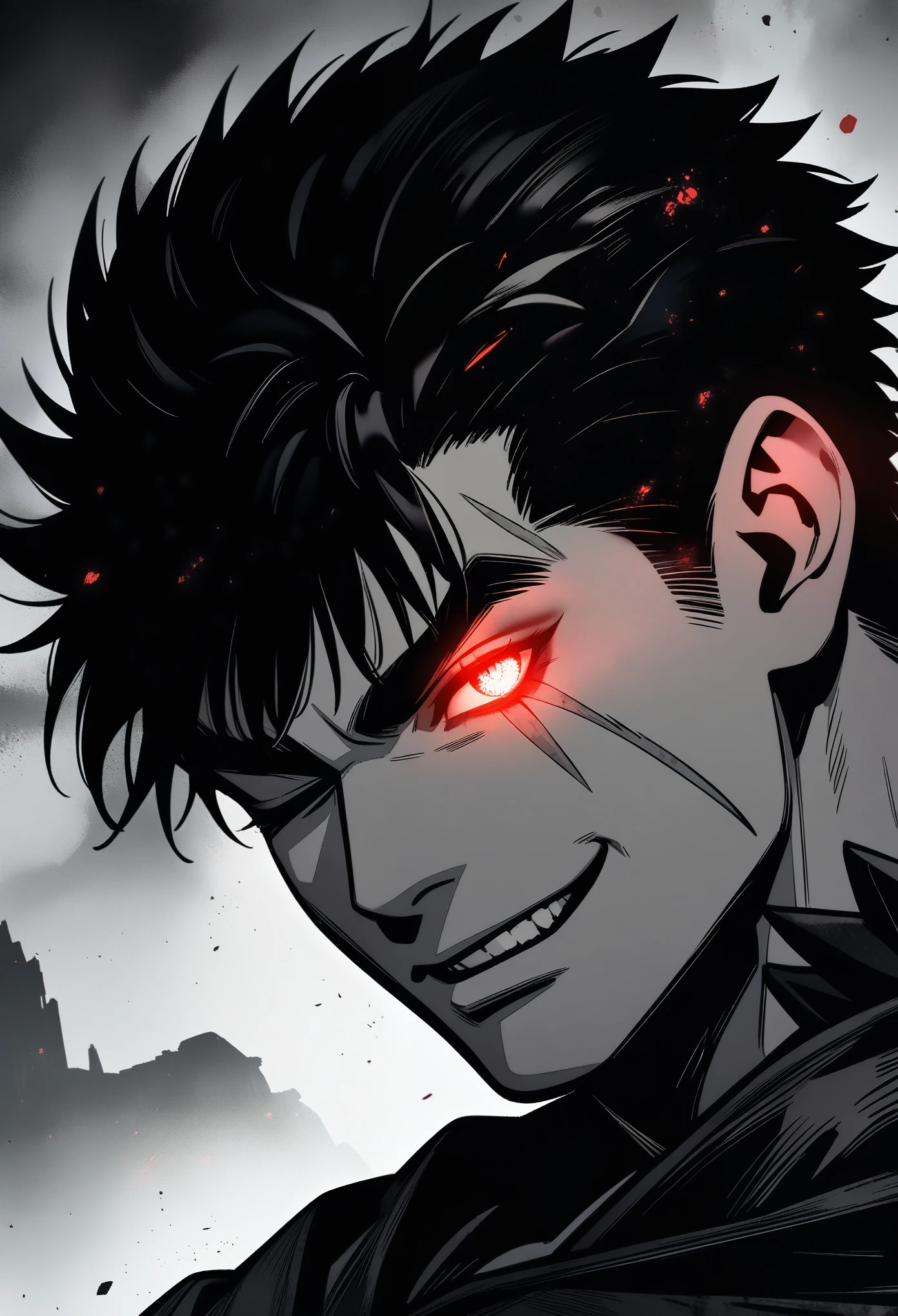 1boy, guts, berserk, close-up, evil smile, (one eye closed:1.2), scar on face, short hair, black hair, greyscale, glowing eye, red eye, dark aura, ((by kentaro miura, manga)), dark ambient, amazing background, masterpiece, best quality, very aesthetic, newest