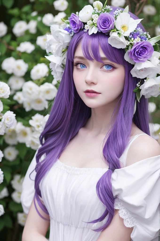 Purple hair, blue eyes, long hair, white beauty, dress up, flower on head