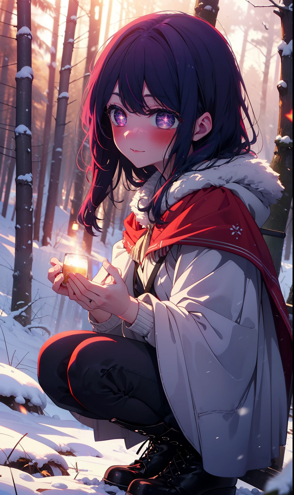 aihoshino, Ai Hoshino, Long Hair, bangs, (Purple eyes:1.1), Purple Hair, (Symbol-shaped pupil:1.5), smile,,smile,blush,white breath,
Open your mouth,snow,Ground bonfire, Outdoor, boots, snowing, From the side, wood, suitcase, Cape, Blurred, , forest, White handbag, nature,  Squat, Mouth closed, Cape, winter, Written boundary depth, Black shoes, red Cape break looking at viewer, Upper Body, whole body, break Outdoor, forest, nature, break (masterpiece:1.2), Highest quality, High resolution, unity 8k wallpaper, (shape:0.8), (Beautiful and beautiful eyes:1.6), Highly detailed face, Perfect lighting, Highly detailed CG, (Perfect hands, Perfect Anatomy),