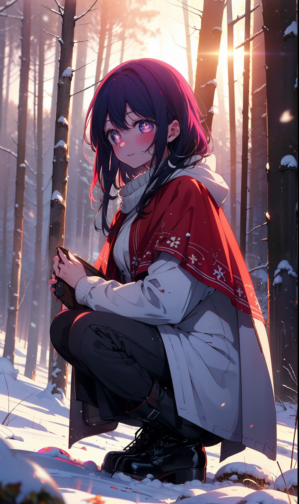 aihoshino, Ai Hoshino, Long Hair, bangs, (Purple eyes:1.1), Purple Hair, (Symbol-shaped pupil:1.5), smile,,smile,blush,white breath,
Open your mouth,snow,Ground bonfire, Outdoor, boots, snowing, From the side, wood, suitcase, Cape, Blurred, , forest, White handbag, nature,  Squat, Mouth closed, Cape, winter, Written boundary depth, Black shoes, red Cape break looking at viewer, Upper Body, whole body, break Outdoor, forest, nature, break (masterpiece:1.2), Highest quality, High resolution, unity 8k wallpaper, (shape:0.8), (Beautiful and beautiful eyes:1.6), Highly detailed face, Perfect lighting, Highly detailed CG, (Perfect hands, Perfect Anatomy),