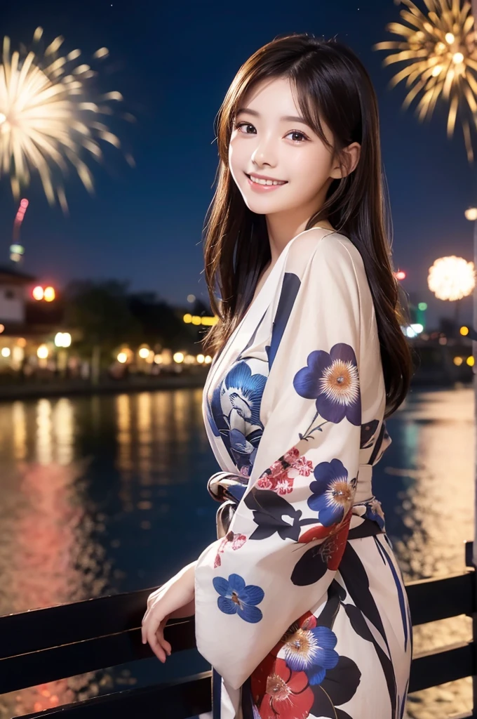 Image resolution 8K、Masterpiece:1.3)、cute、1 girl、Dark Brown Hair:1.1、(body:1.2)、Ultra-detailed face、Attractive lips、double eyelid、Ultra-realistic and detailed Japanese yukata、Japanese、cute女の子、10th Generation(18-year-old)、Smiling with a nice smile、Hair blowing in the wind、Shortcuts、In the background, people are watching fireworks on the riverbank、