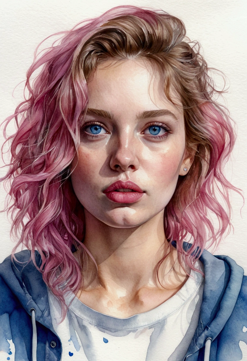 (masterpiece),(best quality:1.1),(ultra-detailed),best illustration,finely detail,(portrait:1.1),(intense close-up),watercolor drawing)floating,1women,solo,33 years old,slim,(extremely delicate and beautiful face),(detailed blue eyes),pink thick lips,(disheveled hair),(wearing a baggy T-shirt),soft and lazy,(simple background:1.2)whole colored background,clear,4K