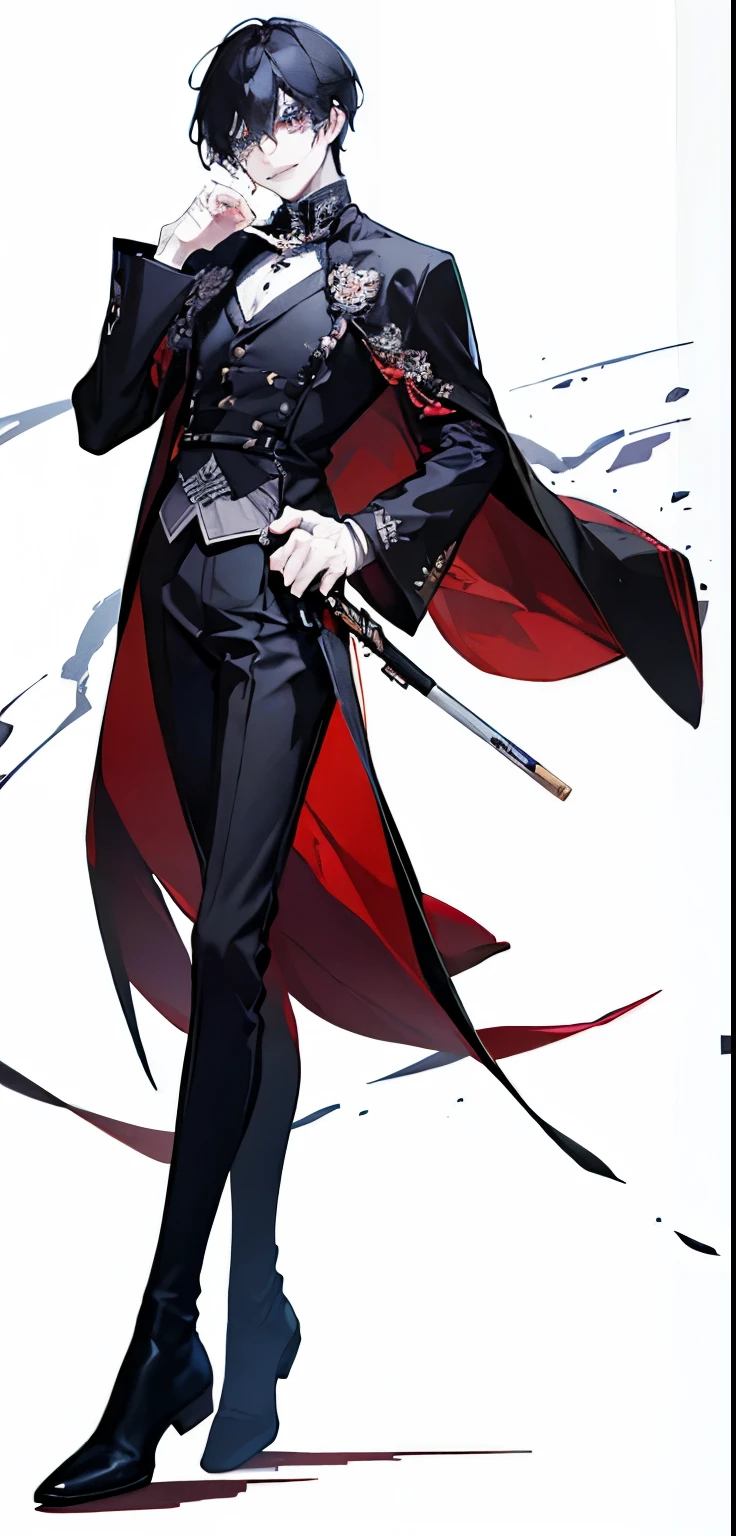 Highest quality、Highest quality、Are standing、whole body、Tall men、Long legs、A simple black cape with red lines、Simple black uniform、White hair and melancholy blue eyes、Slender Man、Black boots、Smiling、He has a gun
