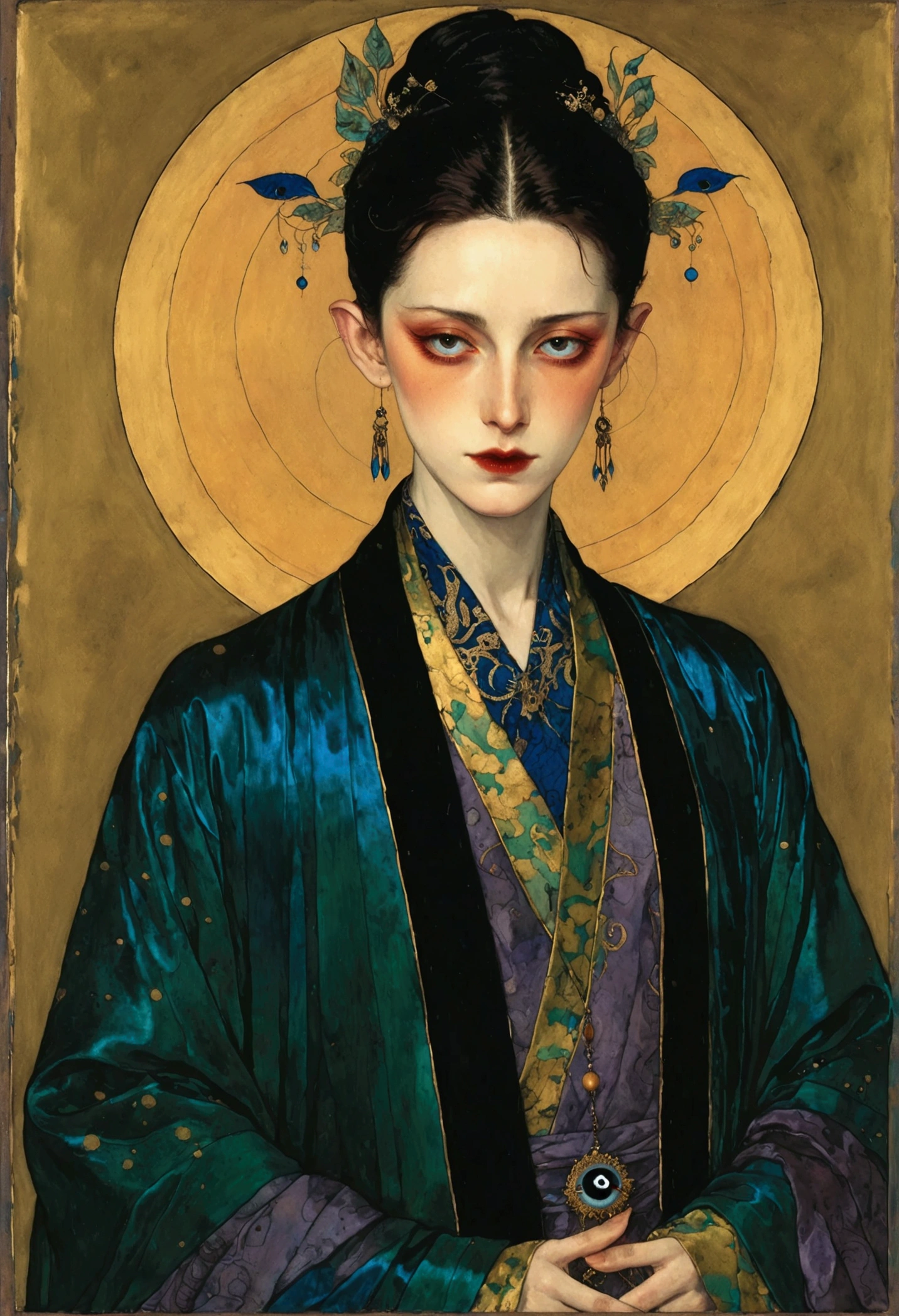 The art of math，Digital Illustration，Drawing，Decorative paintings，Watercolor，(((Harry Clark (Harry Clarke) style,圣地亚哥·卡鲁索style)))，Simple，clean，Fine painting style，(((The third eye on the forehead。short hair，Pointed ears，robe)))，Wide Angle，Black and blue，Solid color background，Human anatomy is correct