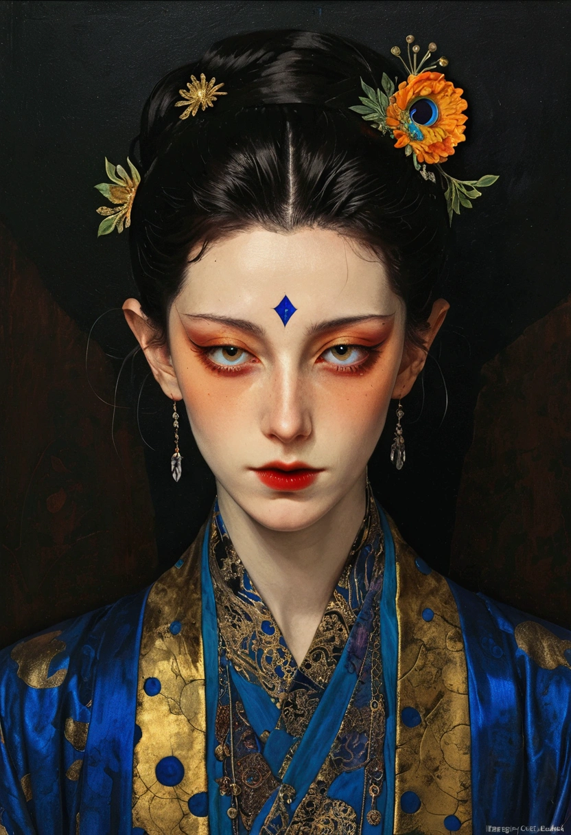 The art of math,Digital Illustration,Drawing,Decorative paintings,Watercolor,(((Harry Clark (Harry Clarke) style,圣地亚哥·卡鲁索style))),Simple,clean,Fine painting style,(((The third eye on the forehead。short hair,Pointed ears,robe))),Wide Angle,Black and blue,Solid color background,Human anatomy is correct