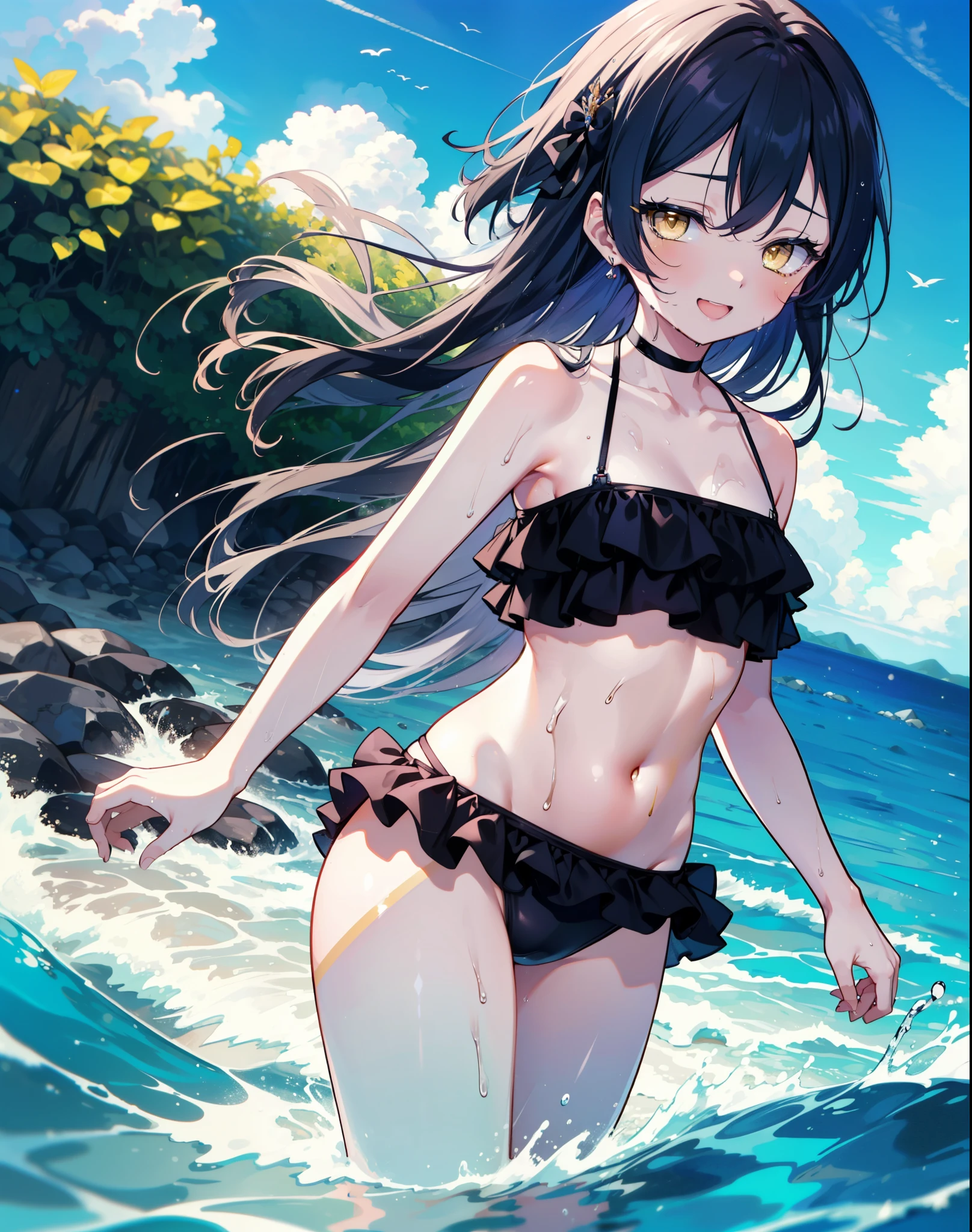 Umi Sonoda, Long Hair, Blue Hair, (Yellow Eyes:1.5) (Flat Chest:1.2),,happy smile, smile, Open your mouth,Black bikini swimsuit with frills,barefoot,Water Play,True Summer,Clear skies,Daytime,Wet swimsuit,Wet Skin,Wet Hair,　　　　　　　　　　　　　break looking at viewer, whole body, (Cowboy Shot:1. 5)　　　　　　　　　break outdoors,Beach, 　　　　　　　　　　　break (masterpiece:1.2), Highest quality, High resolution, unity 8k wallpaper, (shape:0.8), (Beautiful and beautiful eyes:1.6), Highly detailed face, Perfect lighting, Highly detailed CG, (Perfect hands, Perfect Anatomy),