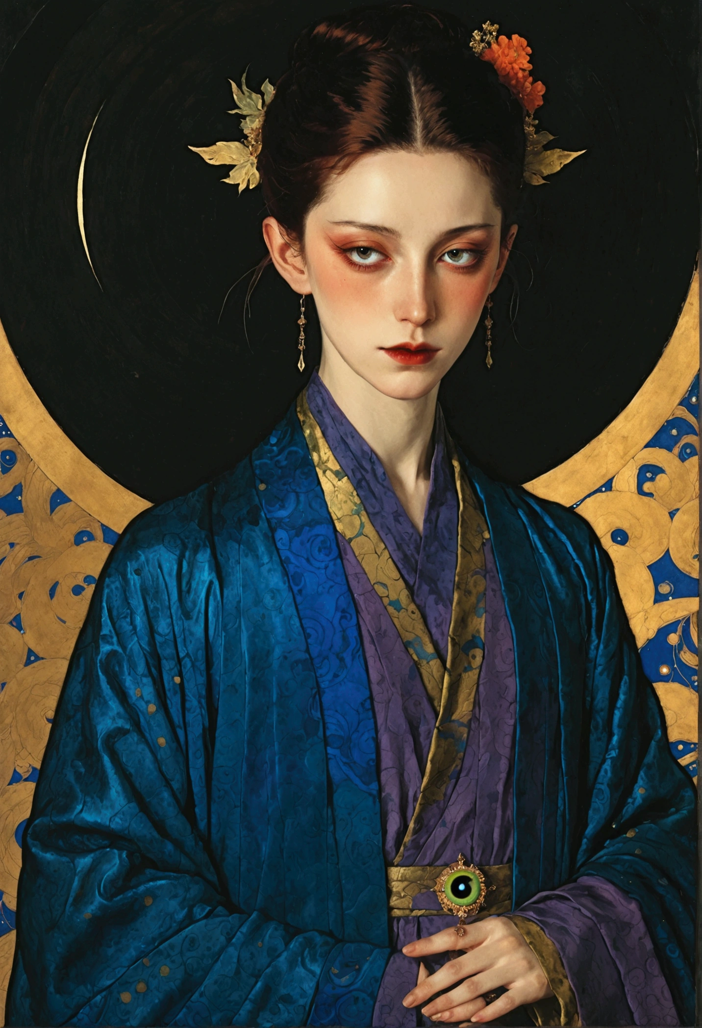 The art of math，Digital Illustration，Drawing，Decorative paintings，Watercolor，(((Harry Clark (Harry Clarke) style,圣地亚哥·卡鲁索style)))，Simple，clean，Fine painting style，(((The third eye on the forehead。short hair，Pointed ears，robe)))，Wide Angle，Black and blue，Solid color background，Human anatomy is correct