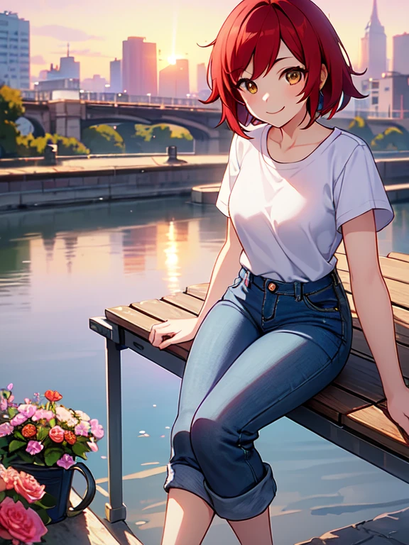 Digital art, (girl, red_hair, flowers, baggy jeans, White shirt, reserved smile, cute look), (Sitting on a bench, river in the background, golden hour)