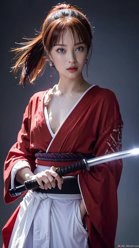 "Rurouni Kenshin",
Moment of enthusiasm, Bold,
Capturing the essence of her fiery determination and indomitable spirit, She explodes in rage, Strongly conveys the raw power of Kenshin's rage, Emphasizing the intensity of the scene, The woman is in a determined stance,
Action with a straight sword in hand,
Long hair, Ponytail, Red hair, ((Red eyes)), Bright red lipstick,
Katana, Holding a sword in hand,
Cross sign on left cheek,
High quality, Realistic,
20-year-old woman,
She wears a red kimono with an intricate pattern, Combined with a white hakama,
The lighting is realistic, (Masterpiece+Top quality+High resolution+Very detailed), (Full body:1.2),Symmetrical, One cut,