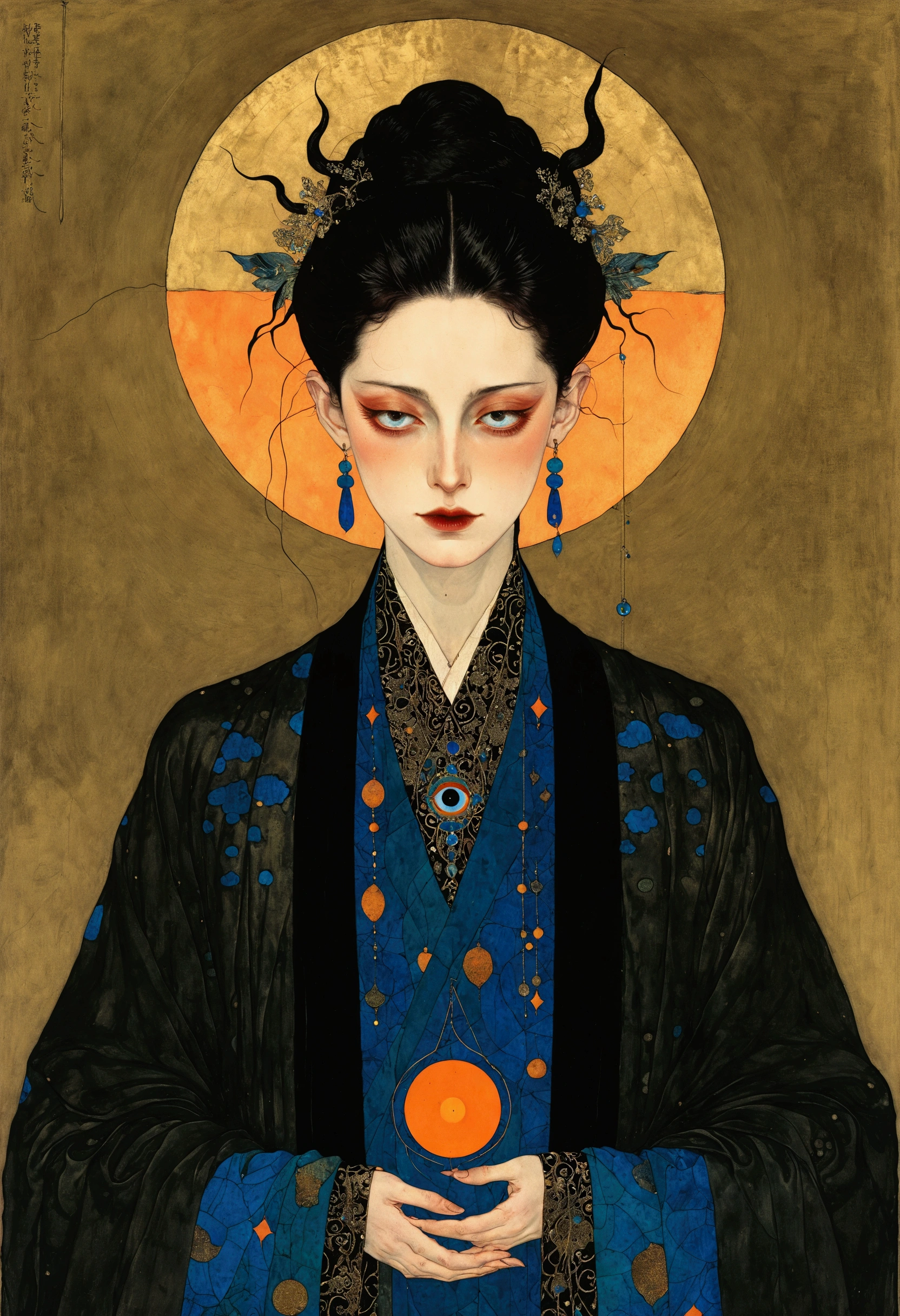 The art of math，Digital Illustration，Drawing，Decorative paintings，Watercolor，(((Harry Clark (Harry Clarke) style,圣地亚哥·卡鲁索style)))，Simple，clean，Fine painting style，(((The third eye on the forehead。short hair，Pointed ears，robe)))，Wide Angle，Black and blue，Solid color background，Human anatomy is correct