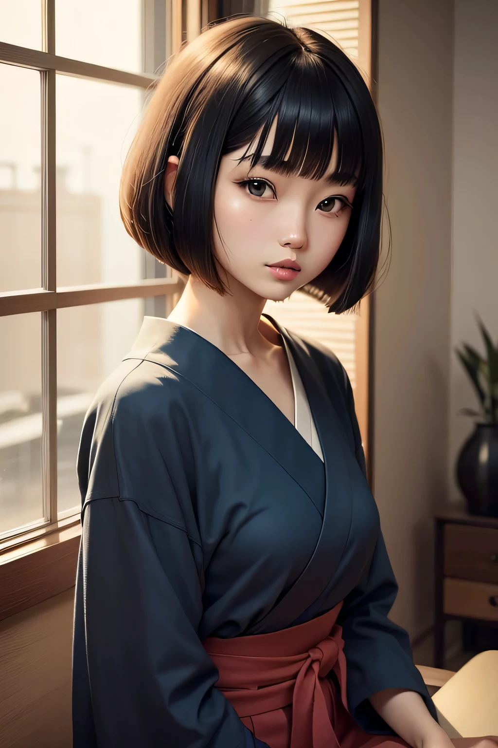 20 years old Japanese girl. With a bob haircut. She is trendy.