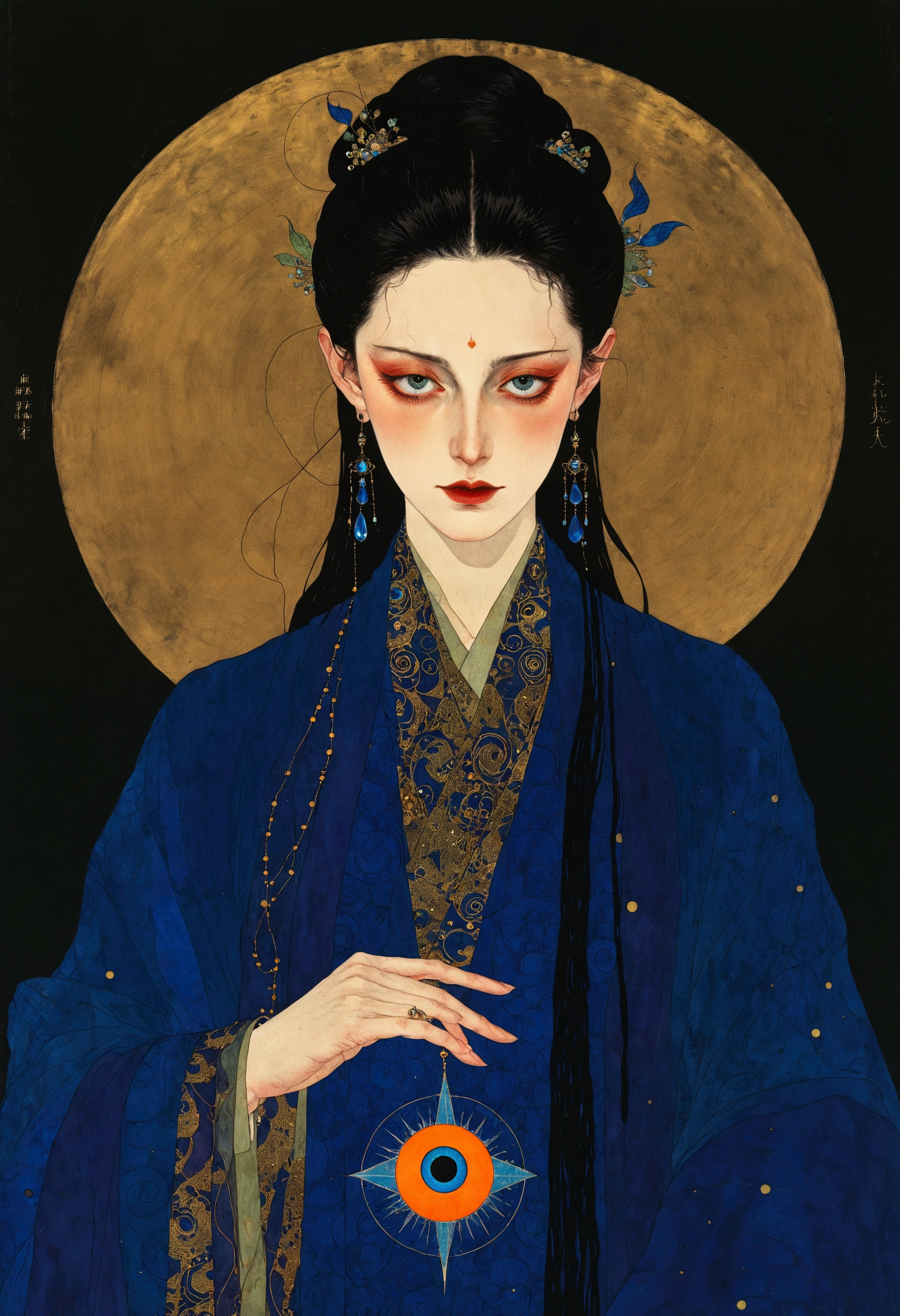 The art of math,Digital Illustration,Drawing,Decorative paintings,Watercolor,(((Harry Clark (Harry Clarke) style,圣地亚哥·卡鲁索style))),Simple,clean,Fine painting style,(((The third eye on the forehead。short hair,Pointed ears,robe))),Wide Angle,Black and blue,Solid color background,Human anatomy is correct