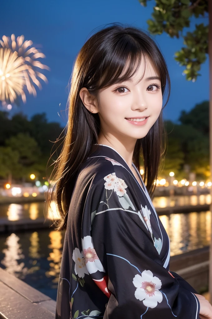 Image resolution 8K、Masterpiece:1.3)、cute、1 girl、Dark Brown Hair:1.1、(body:1.2)、Ultra-detailed face、Attractive lips、double eyelid、Ultra-realistic and detailed Japanese yukata、Japanese、cute女の子、10th Generation(18-year-old)、Smiling with a nice smile、Hair blowing in the wind、Shortcuts、In the background, people are watching fireworks on the riverbank、