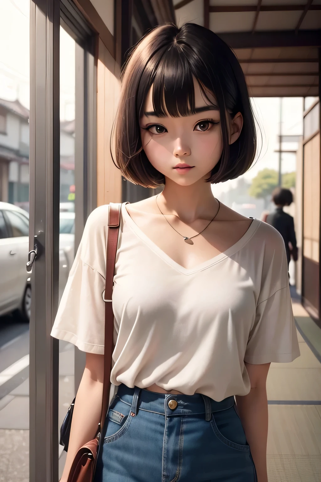 Japanese girl. With a bob haircut. She is trendy and cute.