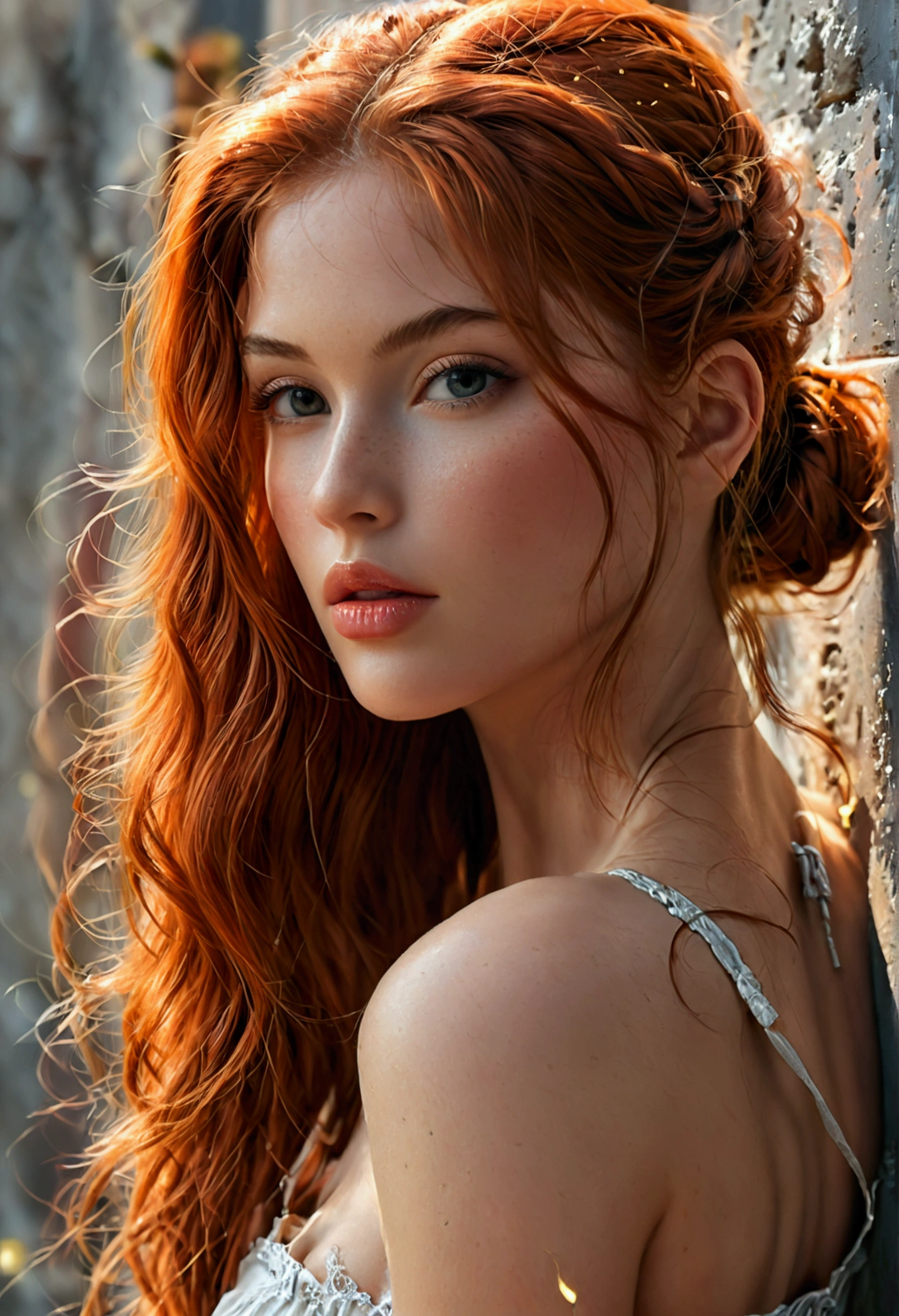 (full body shot:1.1) photorealistic image of a (standing pose:1.1) woman, ultra realistic, photography, long red hair, girl, 24 years old, hourglass figure, perfect body, Flirty look, natural medium breasts, blur background, (Masterpiece, best quality, photorealistic, high res, photography: 1.3), close-up shot, sharp focus, hair bun, hot model, slim, realistic skin, (perfect body, cleavage), erotic, sexual gaze, medium breasts, slim, extremely detailed hair, shiny lips, outdoor, ((vivid light, dynamic lighting, realistic, super realistic, realism, realistic detail, background grey, grey solid background