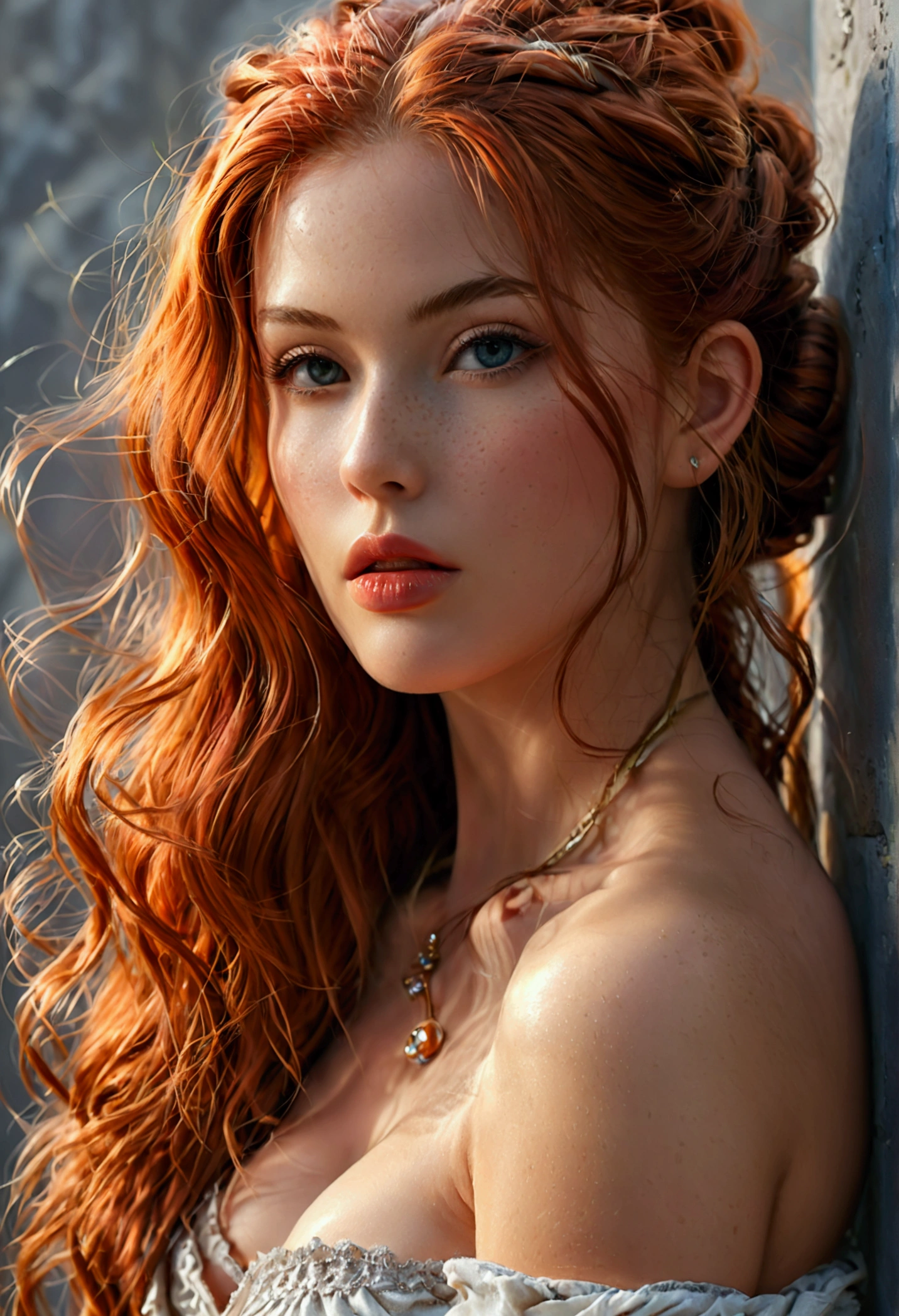 (full body shot:1.1) photorealistic image of a (standing pose:1.1) woman, ultra realistic, photography, long red hair, girl, 24 years old, hourglass figure, perfect body, Flirty look, natural medium breasts, blur background, (Masterpiece, best quality, photorealistic, high res, photography: 1.3), close-up shot, sharp focus, hair bun, hot model, slim, realistic skin, (perfect body, cleavage), erotic, sexual gaze, medium breasts, slim, extremely detailed hair, shiny lips, outdoor, ((vivid light, dynamic lighting, realistic, super realistic, realism, realistic detail, background grey, grey solid background