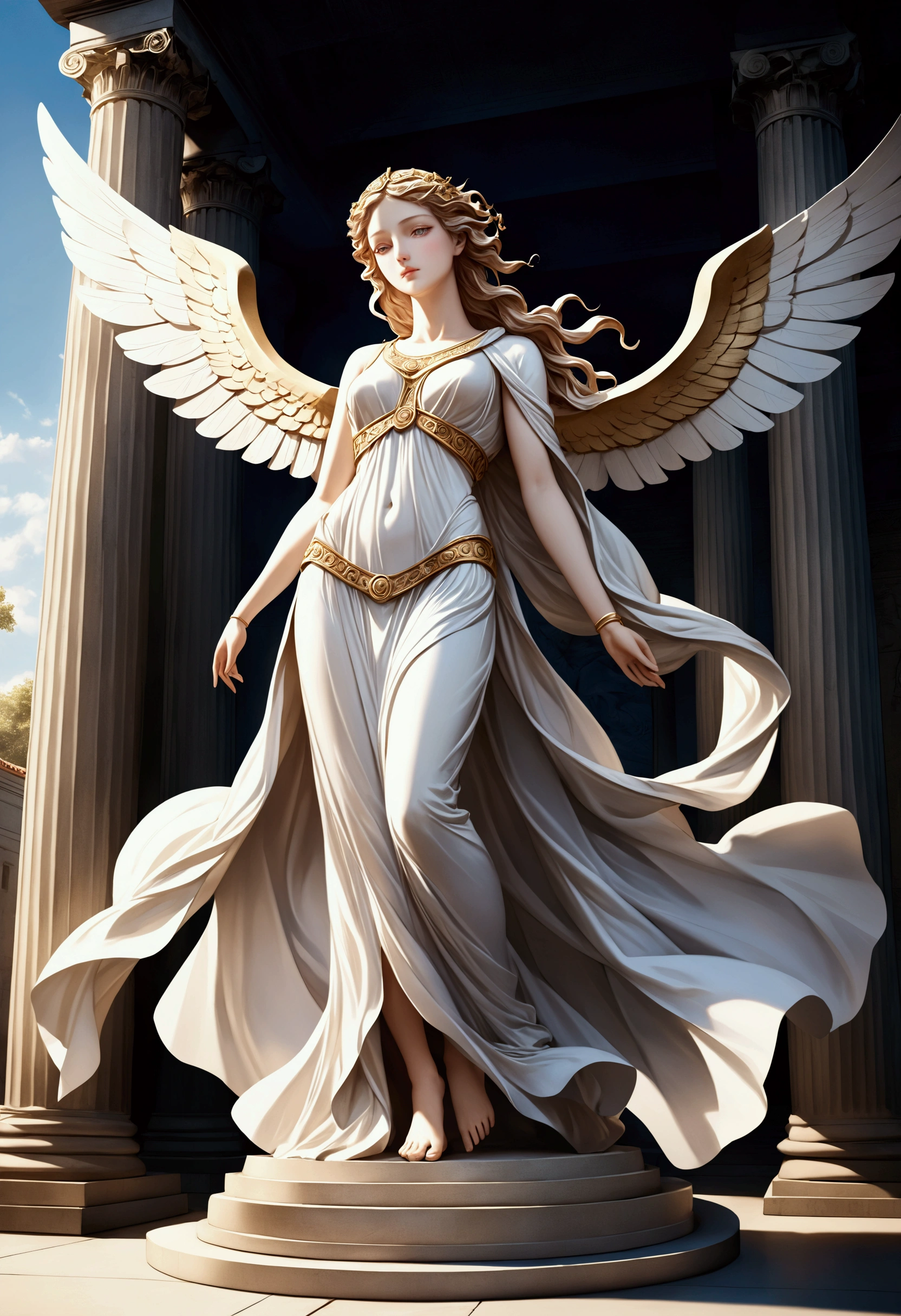 Create a breathtaking 16K resolution masterpiece that captures the essence of award-winning photography, reminiscent of the renowned work of Paolo Roversi. Visualize a majestic Greek statue of the goddess Nike, embodying grace and strength. The statue features intricate details, with flowing robes that seem to move with the wind, delicate facial features that convey a sense of serenity and power, and wings that are beautifully spread, showcasing the fine craftsmanship of the sculpture. | The goddess Nike has a noble expression, with a perfectly proportioned face, clear double eyelids, and an ethereal presence. Her eyes are carved to reflect a deep wisdom and her posture exudes confidence and triumph. | The setting is an ancient Greek temple, standing grandly in the background. The temple is adorned with majestic columns, intricate carvings, and an air of timeless beauty. The scene is set under a clear blue sky, with the sunlight casting soft shadows that enhance the depth and realism of the composition. | Capture the statue from a low angle to emphasize its grandeur and the intricacies of its design. The camera angle should highlight the full statue, showcasing the details of her attire, wings, and the surrounding temple architecture. | The overall ambiance should be serene and awe-inspiring, with a focus on the artistic and historical significance of the statue and the temple. Ensure anatomical correctness and ultra-detailed textures, capturing every nuance of the statue's appearance and the temple setting. This masterpiece should immerse viewers in its lifelike depiction, creating a sense of wonder and reverence. | Keywords: (majestic Greek statue), (goddess Nike), (ancient Greek temple), (intricate details), (ethereal presence), (flowing robes), (beautifully spread wings), (noble expression), (timeless beauty), (ultra-detailed textures), (high-quality rendering).