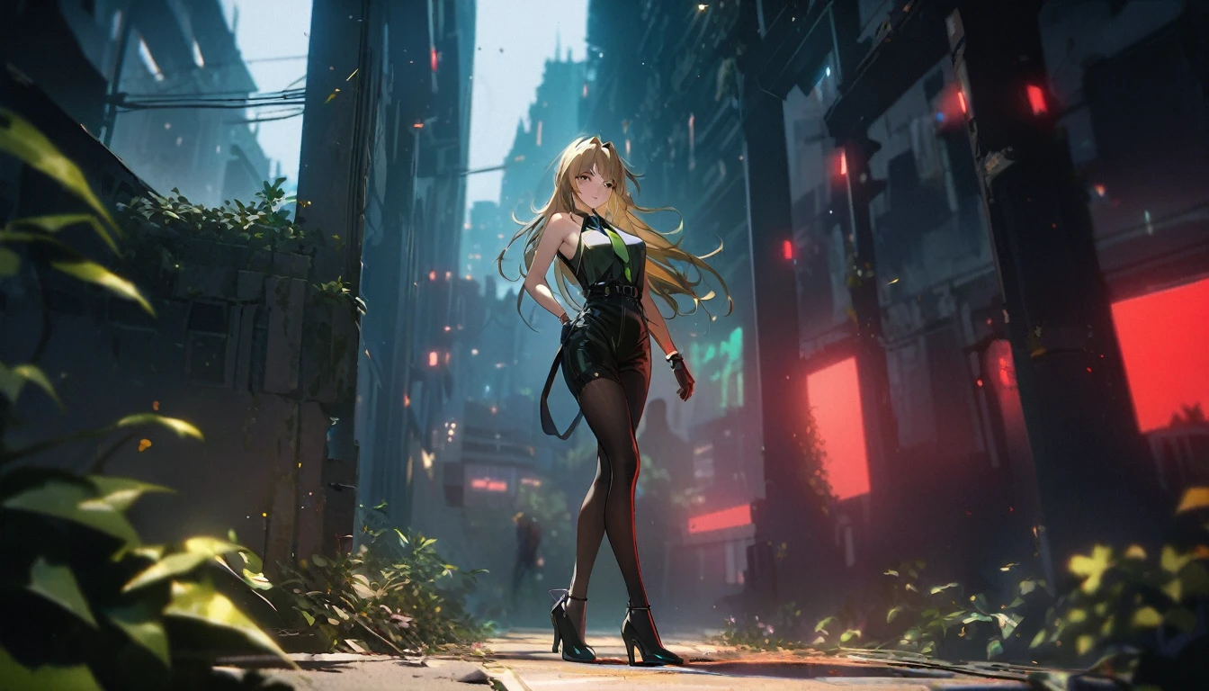eve (stellar_Blade), alone, Body, necktie, abandoned, Cyberpunk city overgrown with plants, Stand, Viewers look at, glittering clothes, skintight, Full body, bare shoulders, lips, green necktie, big , handcuffs, glittering, sleeveless, High Heels, romper , zPDXL, score_9, score_8_highly, score_7_highly, score_6_highly, score_5_highly, score_4_highly, good quality, 35mm Photography, film grain, bokeh, Specialist, 4K, muito detalhado, , natta, natta sky, red light, (Silhouette, hard light:1.2), Nordic style, high quality, beautiful picture, masterclass!