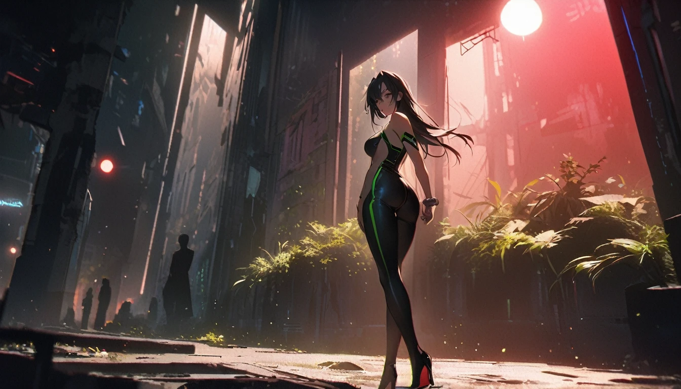 eve (stellar_Blade), alone, Body, necktie, abandoned, Cyberpunk city overgrown with plants, Stand, Viewers look at, glittering clothes, skintight, Full body, bare shoulders, lips, green necktie, big , handcuffs, glittering, sleeveless, High Heels, romper , zPDXL, score_9, score_8_highly, score_7_highly, score_6_highly, score_5_highly, score_4_highly, good quality, 35mm Photography, film grain, bokeh, Specialist, 4K, muito detalhado, , natta, natta sky, red light, (Silhouette, hard light:1.2), Nordic style, high quality, beautiful picture, masterclass!