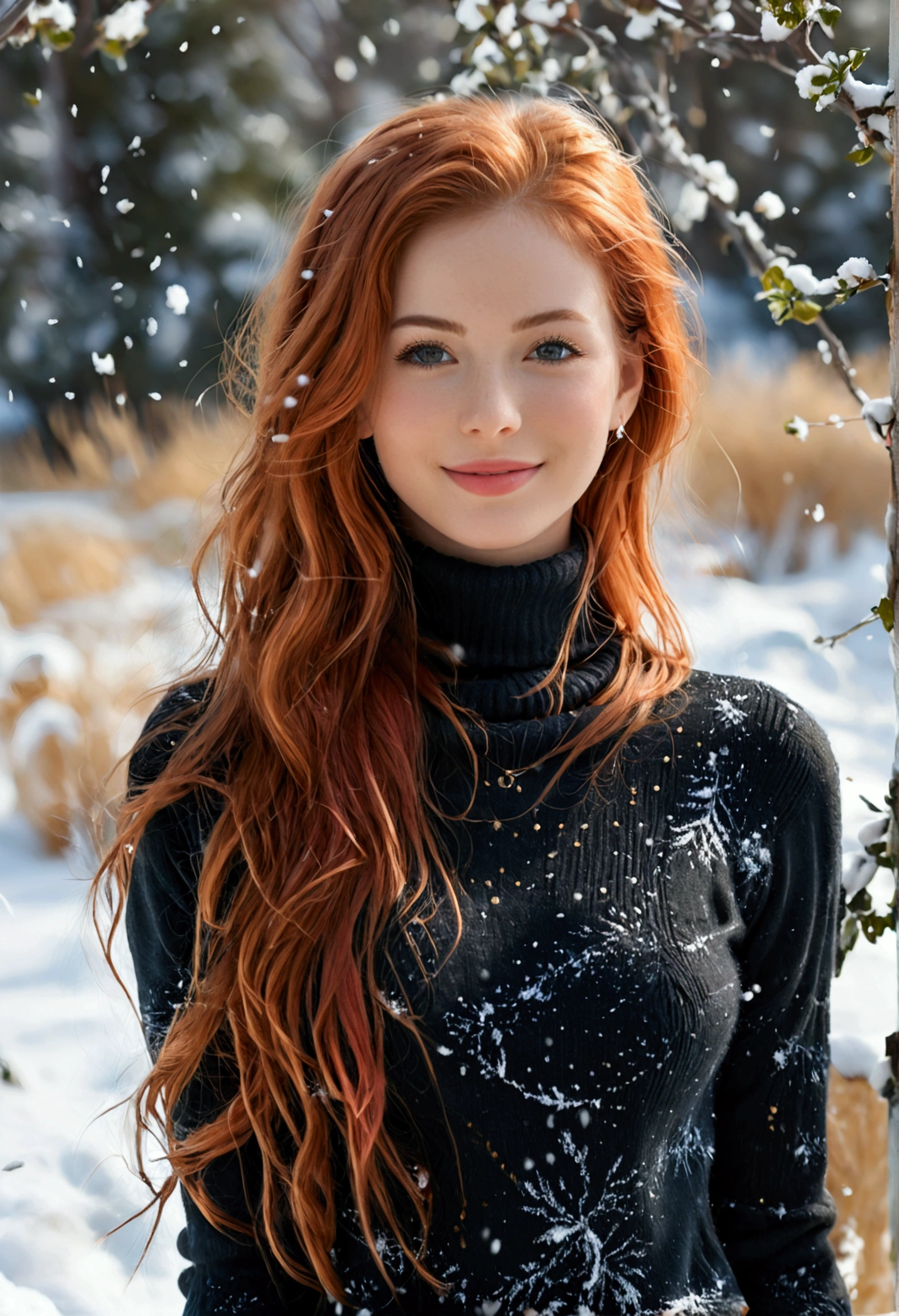 (full body shot:1.1) photorealistic image of a (standing pose:1.1) woman, ultra realistic, photography, long red hair, girl, 24 years old, hourglass figure, perfect body, Flirty look, natural medium breasts, blur background, A stylish photo that exudes glamour, a pair of beautiful legs, her perfect figure set off her fair skin in a turtleneck sweater. The scene is set in a snowy landscape, full of femininity. The girl has an infectious smile, captivating eyes, and a sensual expression that complements her for a truly captivating photo.