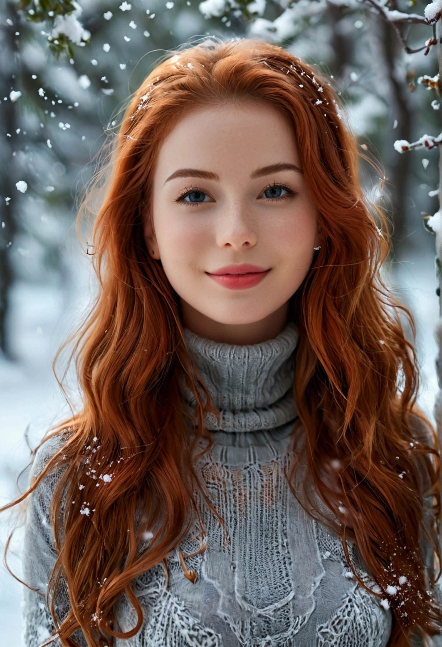 (full body shot:1.1) photorealistic image of a (standing pose:1.1) woman, ultra realistic, photography, long red hair, girl, 24 years old, hourglass figure, perfect body, Flirty look, natural medium breasts, blur background, A stylish photo that exudes glamour, a pair of beautiful legs, her perfect figure set off her fair skin in a turtleneck sweater. The scene is set in a snowy landscape, full of femininity. The girl has an infectious smile, captivating eyes, and a sensual expression that complements her for a truly captivating photo.