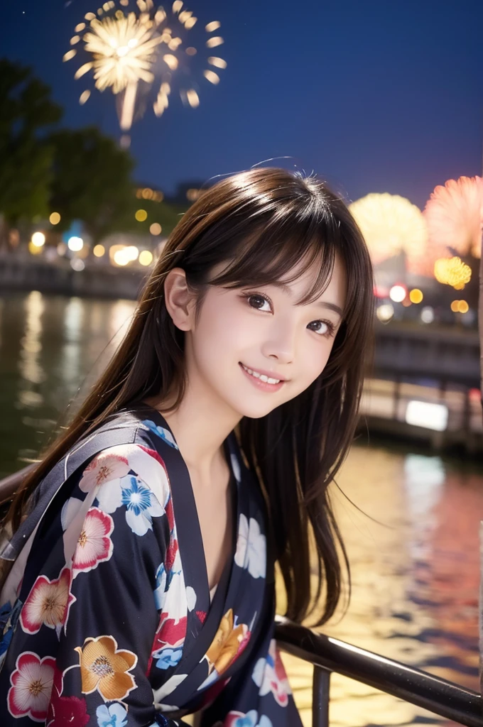 Image resolution 8K、Masterpiece:1.3)、cute、1 girl、Dark Brown Hair:1.1、(body:1.2)、Ultra-detailed face、Attractive lips、double eyelid、Ultra-realistic and detailed Japanese yukata、Japanese、cute女の子、10th Generation(18-year-old)、Smiling with a nice smile、Hair blowing in the wind、Shortcuts、In the background, people are watching fireworks on the riverbank、