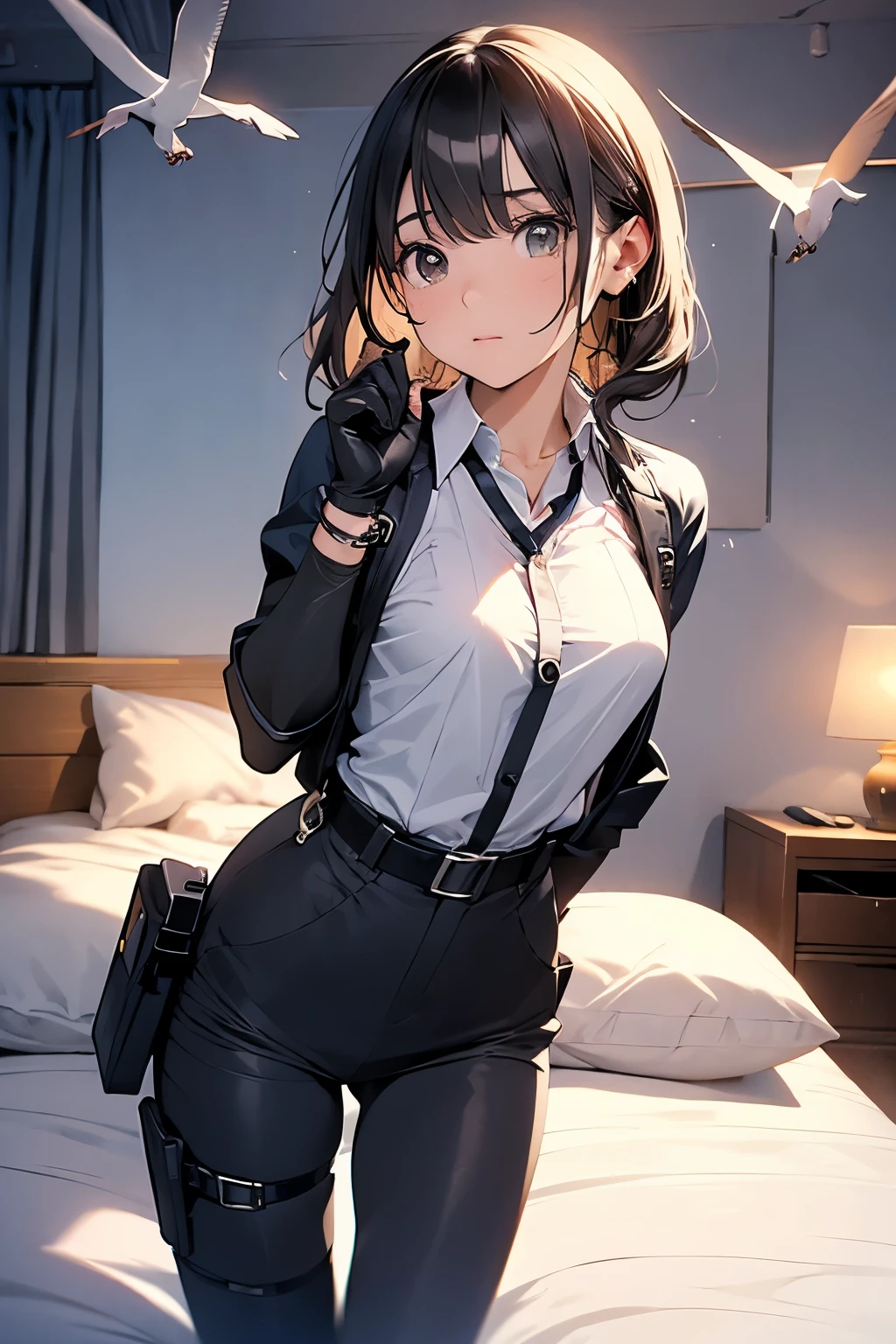 1 female, , high quality, masterpiece, Ultra-high resolution, , Cinema Lighting, , , And the suspenders with the cranes flying Moderate breasts Small face holster Lying in bed Looking up Sweat belt summer 脇Sweat Black Hole Gloves suit shirt Black jacket Black trousers Leg Links ズボンにbelt holster Hands behind your back Anxious expression Looking up Anxious face, legs apart Armament Handgun handcuffs Cable ties レッグholster holster