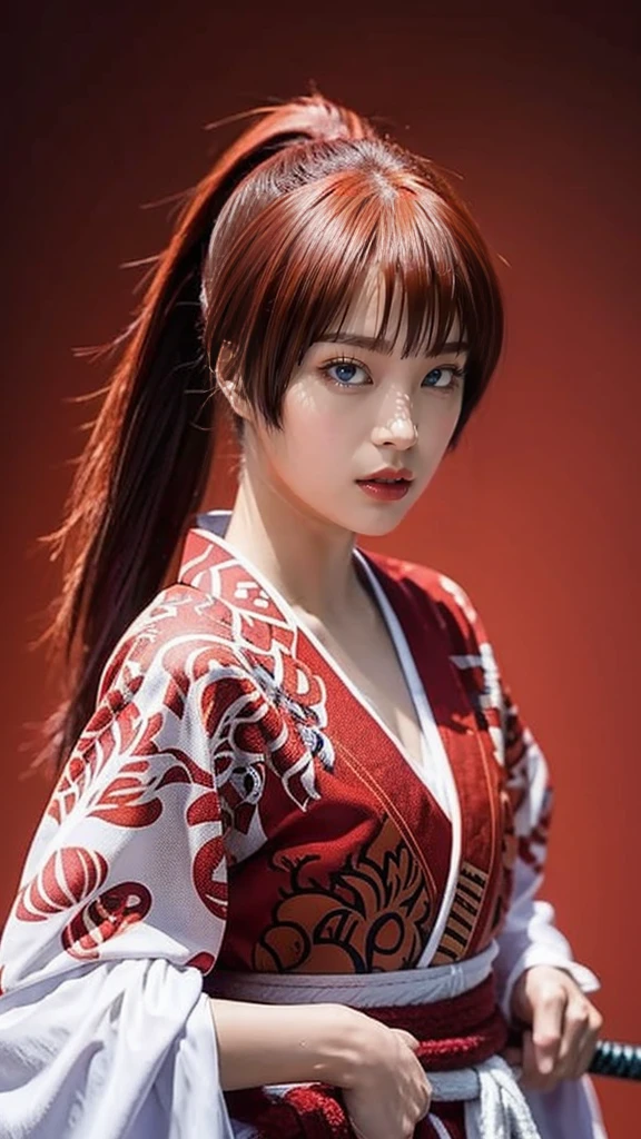 "Rurouni Kenshin",
Moment of enthusiasm, Bold,
Capturing the essence of her fiery determination and indomitable spirit, She explodes in rage, Strongly conveys the raw power of Kenshin's rage, Emphasizing the intensity of the scene, The woman is in a determined stance,
Action with a straight sword in hand,
Long hair, Ponytail, Red hair, ((Red eyes)), Bright red lipstick,
Katana, Holding a sword in hand,
Cross sign on left cheek,
High quality, Realistic,
20-year-old woman,
She wears a red kimono with an intricate pattern, Combined with a white hakama,
The lighting is realistic, (Masterpiece+Top quality+High resolution+Very detailed), (Full body:1.2),Symmetrical, One cut,