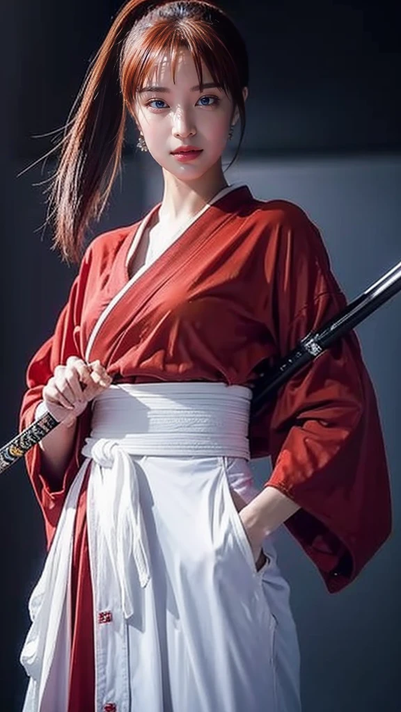 "Rurouni Kenshin",
Moment of enthusiasm, Bold,
Capturing the essence of her fiery determination and indomitable spirit, She explodes in rage, Strongly conveys the raw power of Kenshin's rage, Emphasizing the intensity of the scene, The woman is in a determined stance,
Action with a straight sword in hand,
Long hair, Ponytail, Red hair, ((Red eyes)), Bright red lipstick,
Katana, Holding a sword in hand,
Cross sign on left cheek,
High quality, Realistic,
20-year-old woman,
She wears a red kimono with an intricate pattern, Combined with a white hakama,
The lighting is realistic, (Masterpiece+Top quality+High resolution+Very detailed), (Full body:1.2),Symmetrical, One cut,