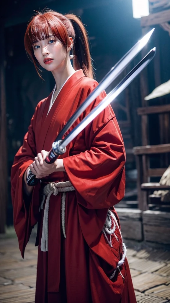 "Rurouni Kenshin",
Moment of enthusiasm, Bold,
Capturing the essence of her fiery determination and indomitable spirit, She explodes in rage, Strongly conveys the raw power of Kenshin's rage, Emphasizing the intensity of the scene, The woman is in a determined stance,
Action with a straight sword in hand,
Long hair, Ponytail, Red hair, ((Red eyes)), Bright red lipstick,
Katana, Holding a sword in hand,
Cross sign on left cheek,
High quality, Realistic,
20-year-old woman,
She wears a red kimono with an intricate pattern, Combined with a white hakama,
The lighting is realistic, (Masterpiece+Top quality+High resolution+Very detailed), (Full body:1.2),Symmetrical, One cut,