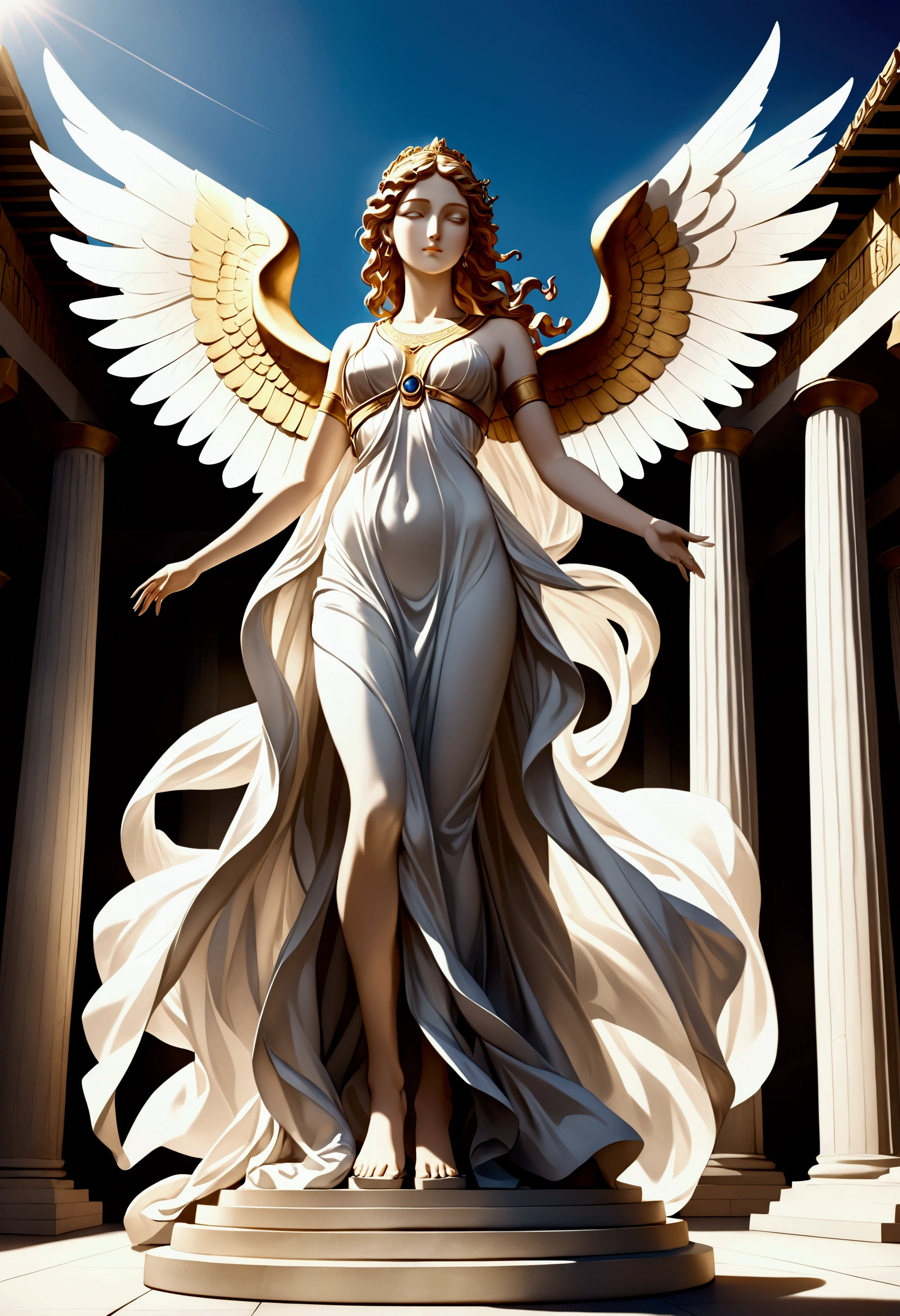 Create a breathtaking 16K resolution masterpiece that captures the essence of award-winning photography, reminiscent of the renowned work of Paolo Roversi. Visualize a majestic Greek statue of the goddess Nike, embodying grace and strength. The statue features intricate details, with flowing robes that seem to move with the wind, delicate facial features that convey a sense of serenity and power, and wings that are beautifully spread, showcasing the fine craftsmanship of the sculpture. | The goddess Nike has a noble expression, with a perfectly proportioned face, clear double eyelids, and an ethereal presence. Her eyes are carved to reflect a deep wisdom and her posture exudes confidence and triumph. | The setting is an ancient Greek temple, standing grandly in the background. The temple is adorned with majestic columns, intricate carvings, and an air of timeless beauty. The scene is set under a clear blue sky, with the sunlight casting soft shadows that enhance the depth and realism of the composition. | Capture the statue from a low angle to emphasize its grandeur and the intricacies of its design. The camera angle should highlight the full statue, showcasing the details of her attire, wings, and the surrounding temple architecture. | The overall ambiance should be serene and awe-inspiring, with a focus on the artistic and historical significance of the statue and the temple. Ensure anatomical correctness and ultra-detailed textures, capturing every nuance of the statue's appearance and the temple setting. This masterpiece should immerse viewers in its lifelike depiction, creating a sense of wonder and reverence. | Keywords: (majestic Greek statue), (goddess Nike), (ancient Greek temple), (intricate details), (ethereal presence), (flowing robes), (beautifully spread wings), (noble expression), (timeless beauty), (ultra-detailed textures), (high-quality rendering).