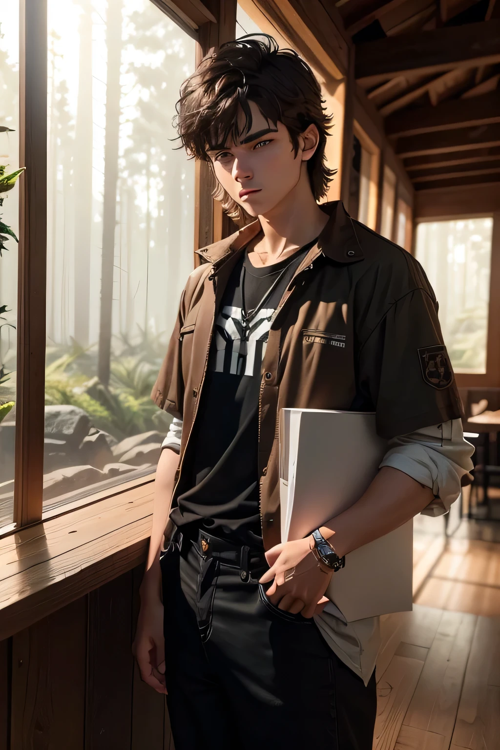19 years old boy. With short brown hair. He's got a mullet. He looks serious. His clothes are brown black and white. He's got a wild side. He lives in a wooden house in the forest.