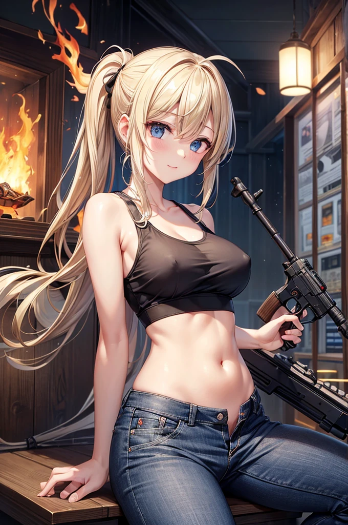 ((Highest quality))、((masterpiece))、(detailed)、((Anatomically correct))、(High resolution、8k)、(Beautiful Skin:1.1)、One woman、(Beautiful eyes:1.2)、(submachine gun)、MP5A3、(submachine gunを前に構える:1.3)、Splattering cartridge cases、Blonde、ponytail、Black short tank top、Erect nipples、Belly button、Black hot pants、A flaming battlefield